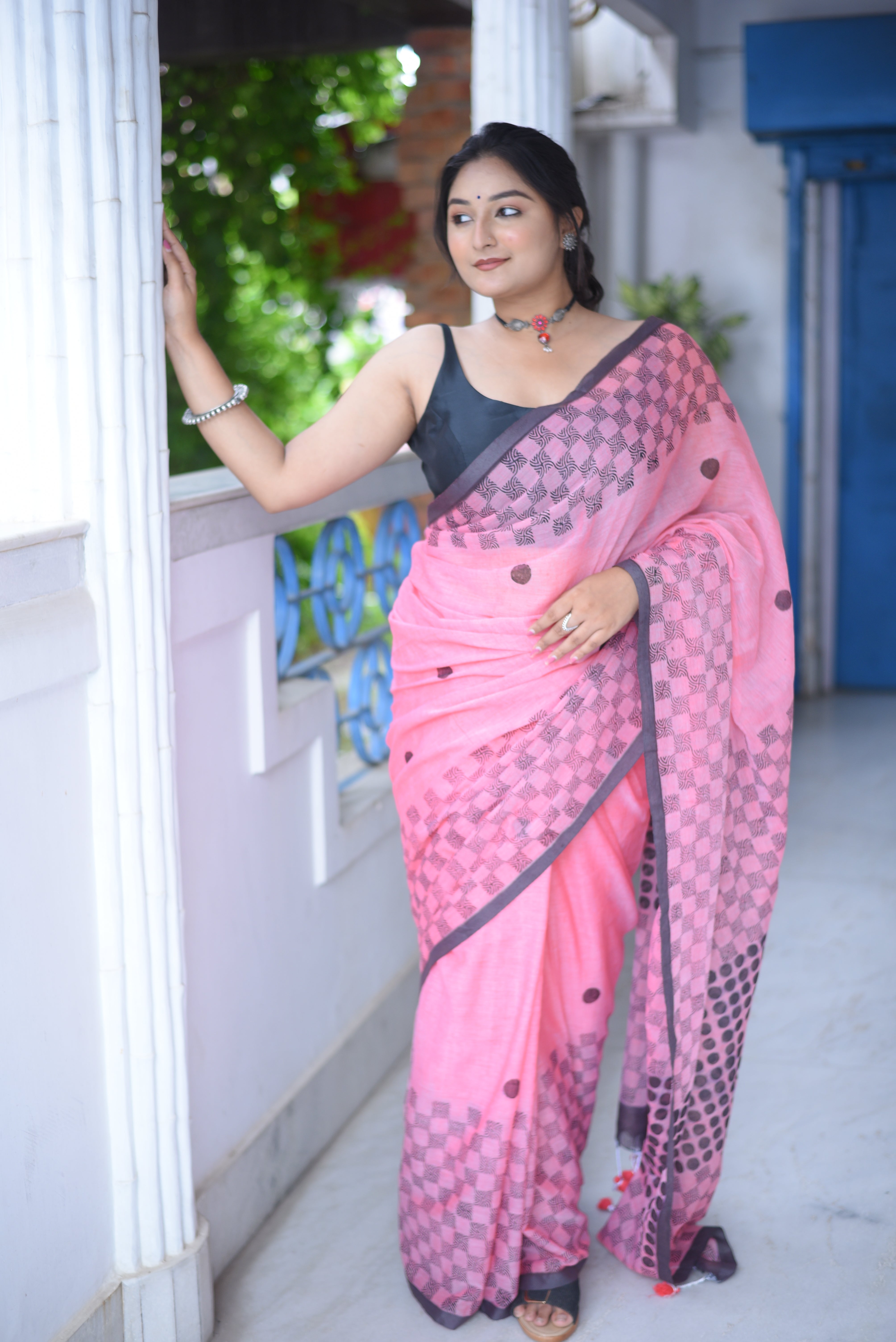 Pink Hand Block Print Mulmul Cotton Saree