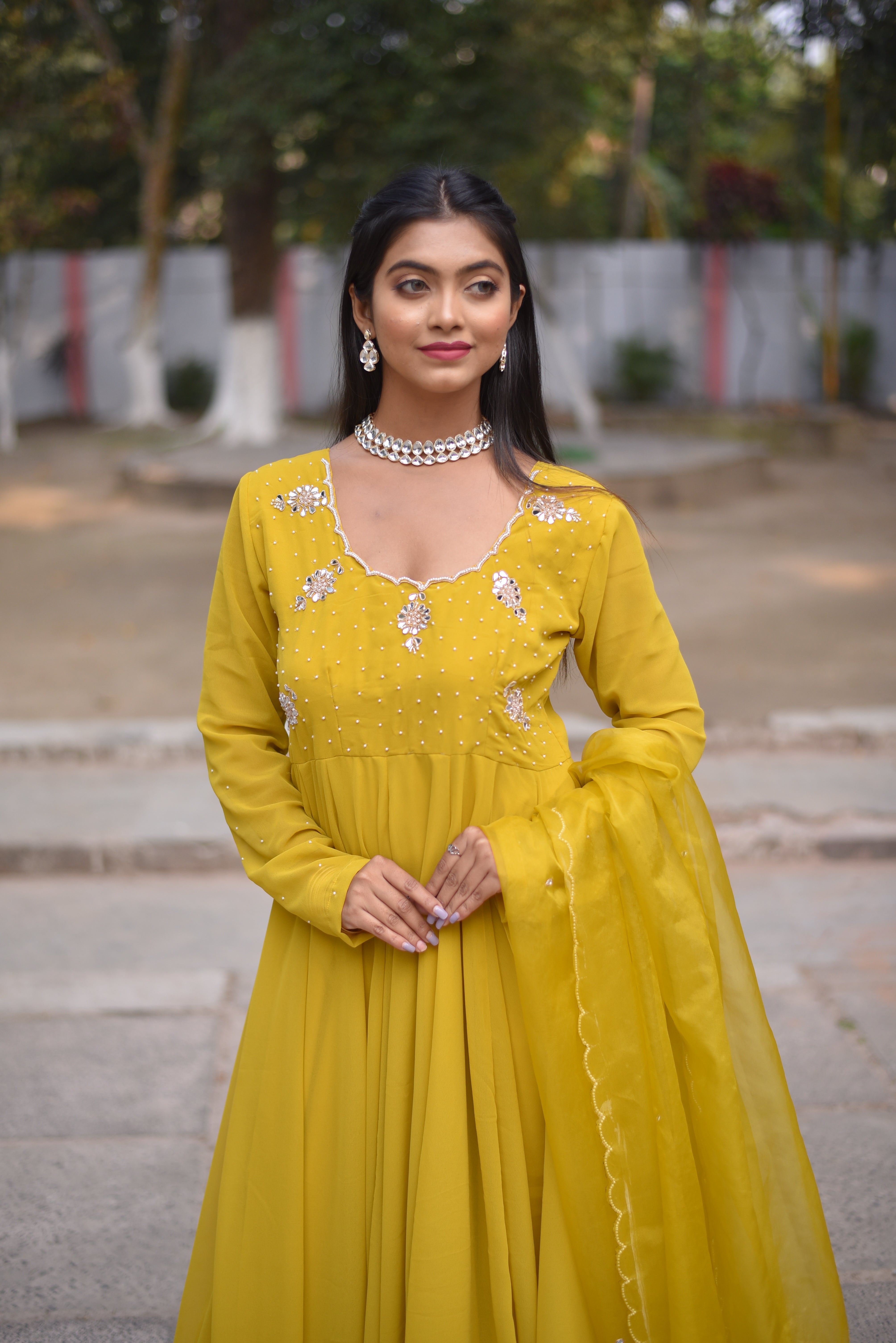 Yellow Mirror Work Anarkali Suit Sets
