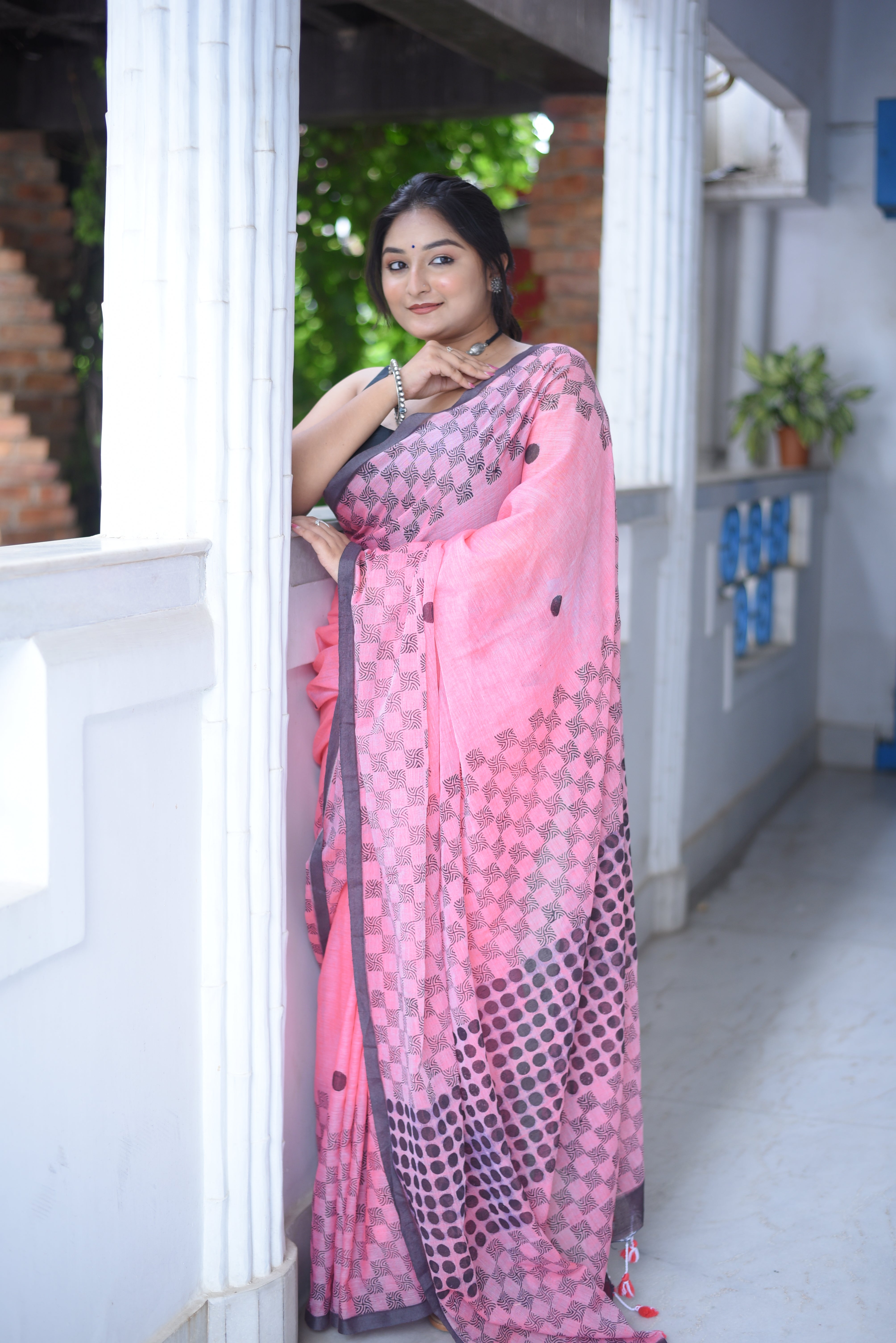 Pink Hand Block Print Mulmul Cotton Saree