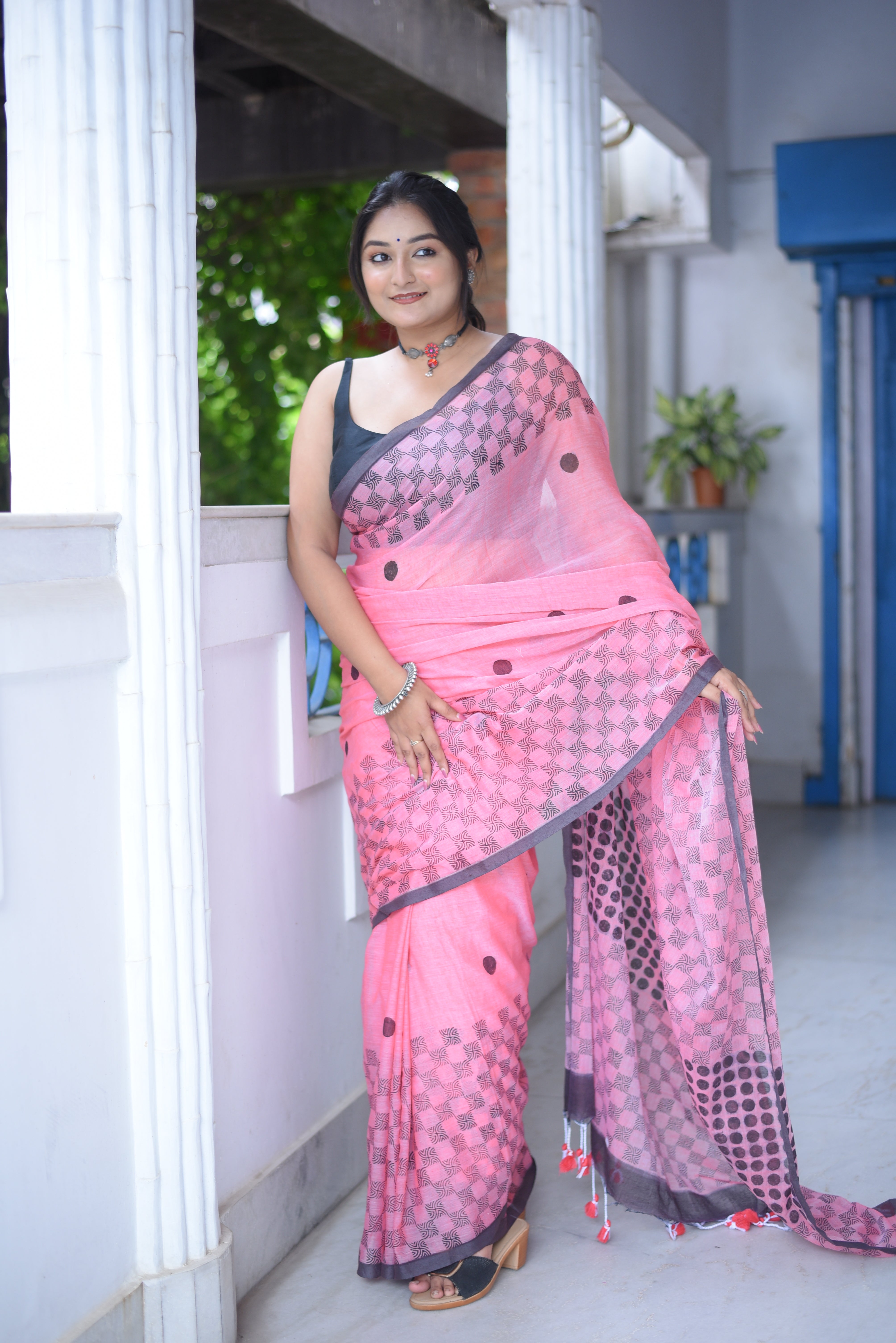 Pink Hand Block Print Mulmul Cotton Saree