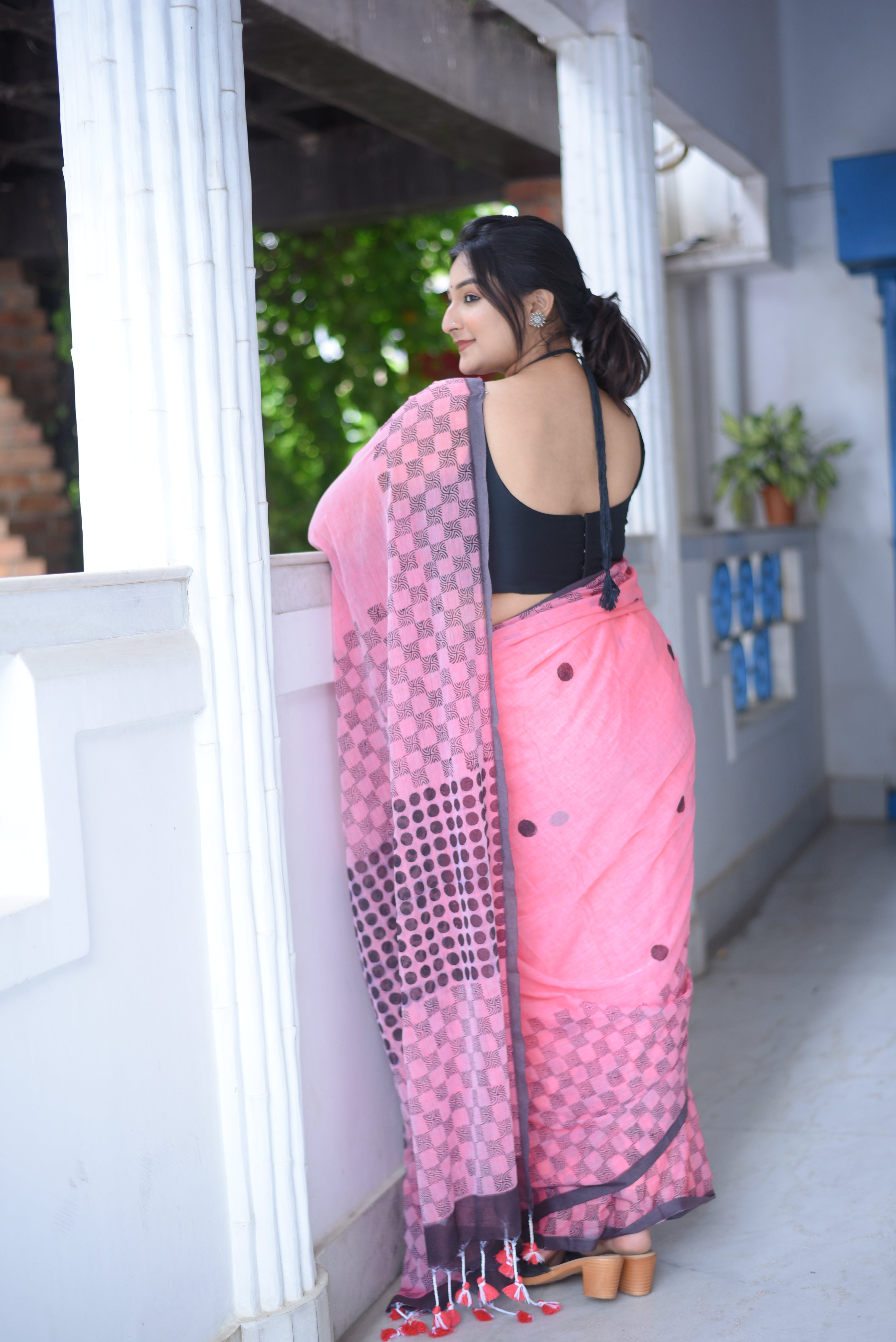 Pink Hand Block Print Mulmul Cotton Saree