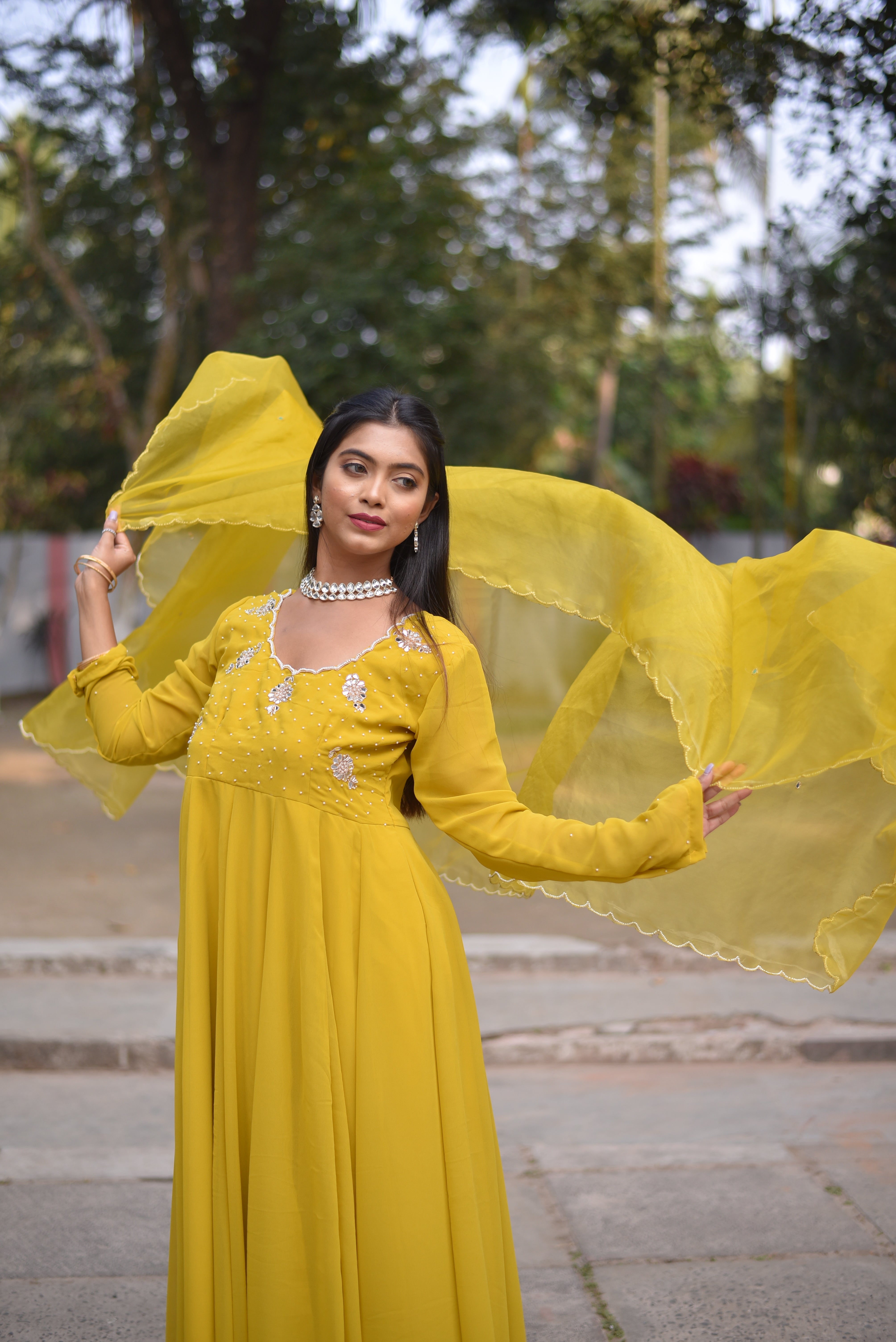 Yellow Mirror Work Anarkali Suit Sets