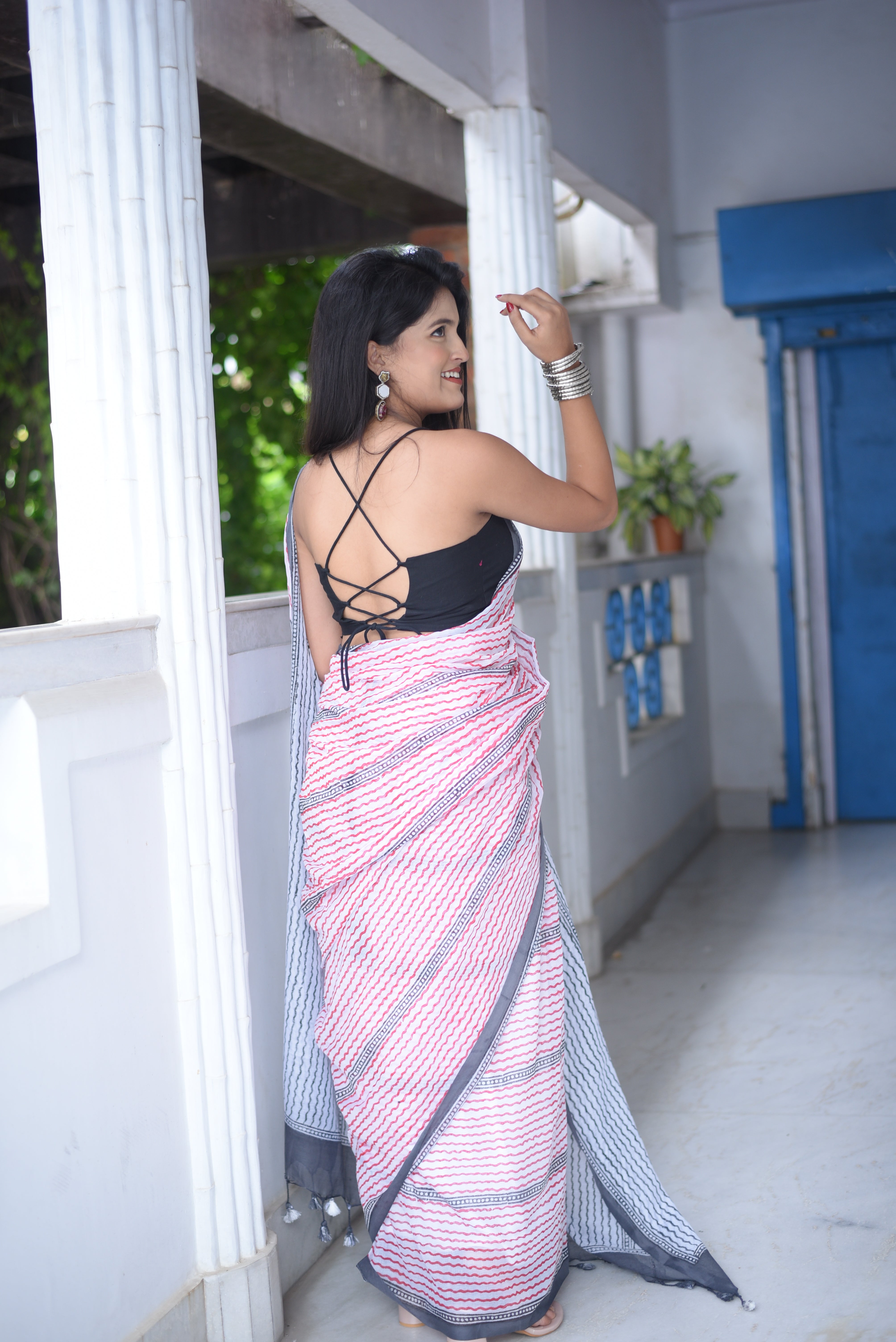 White Hand Block Print Mulmul Cotton Saree