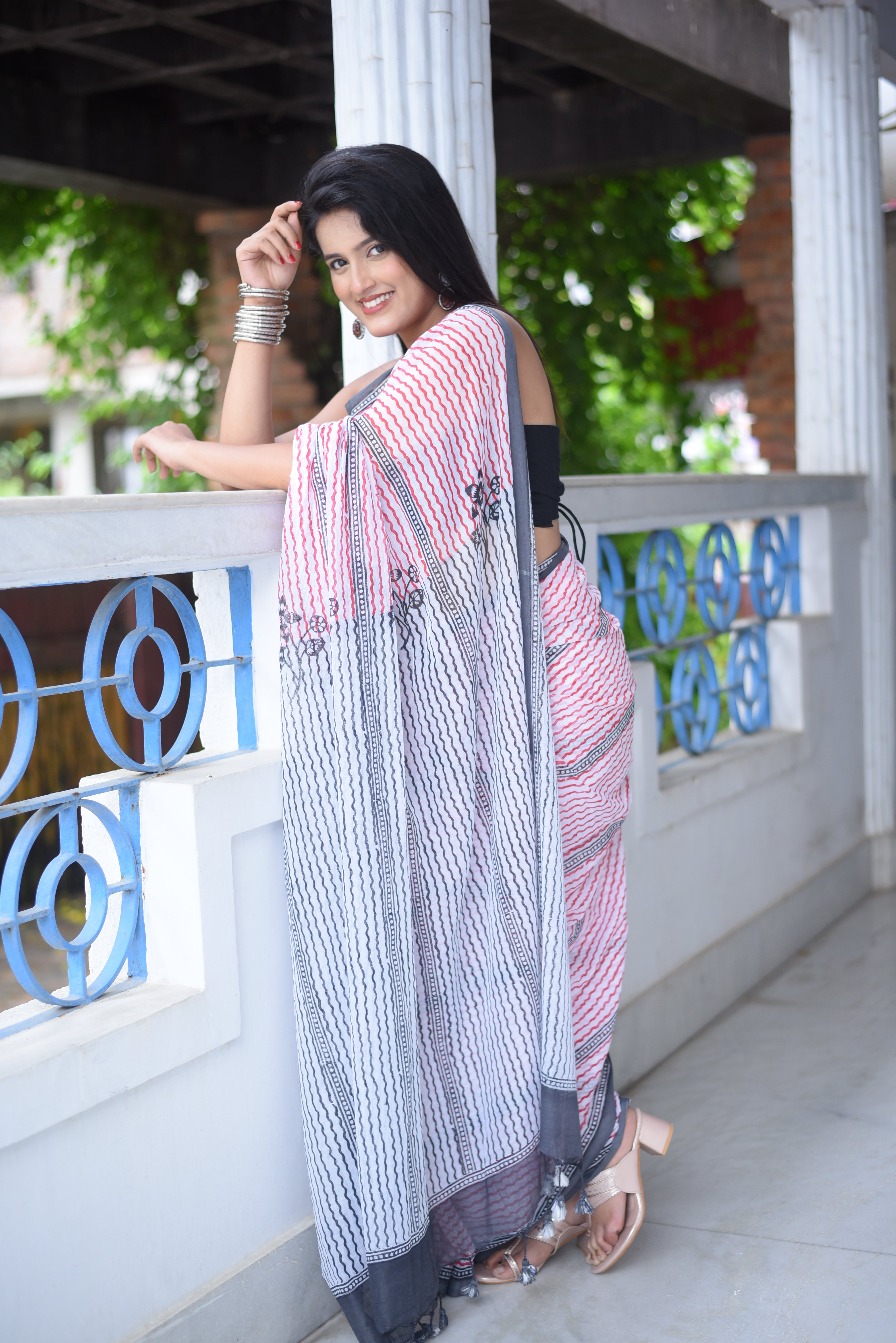 White Hand Block Print Mulmul Cotton Saree