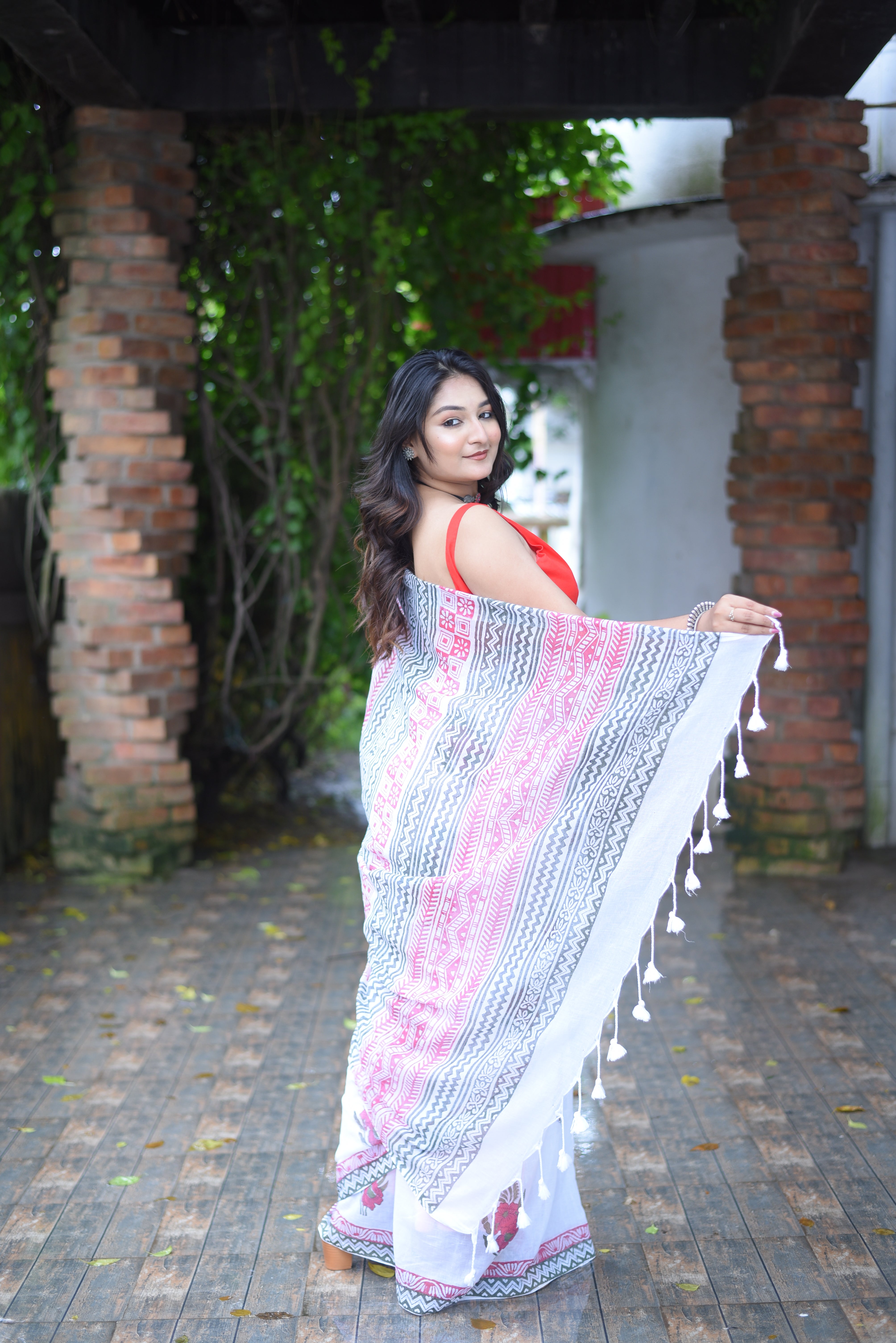 White Hand Block Print Mulmul Cotton Saree