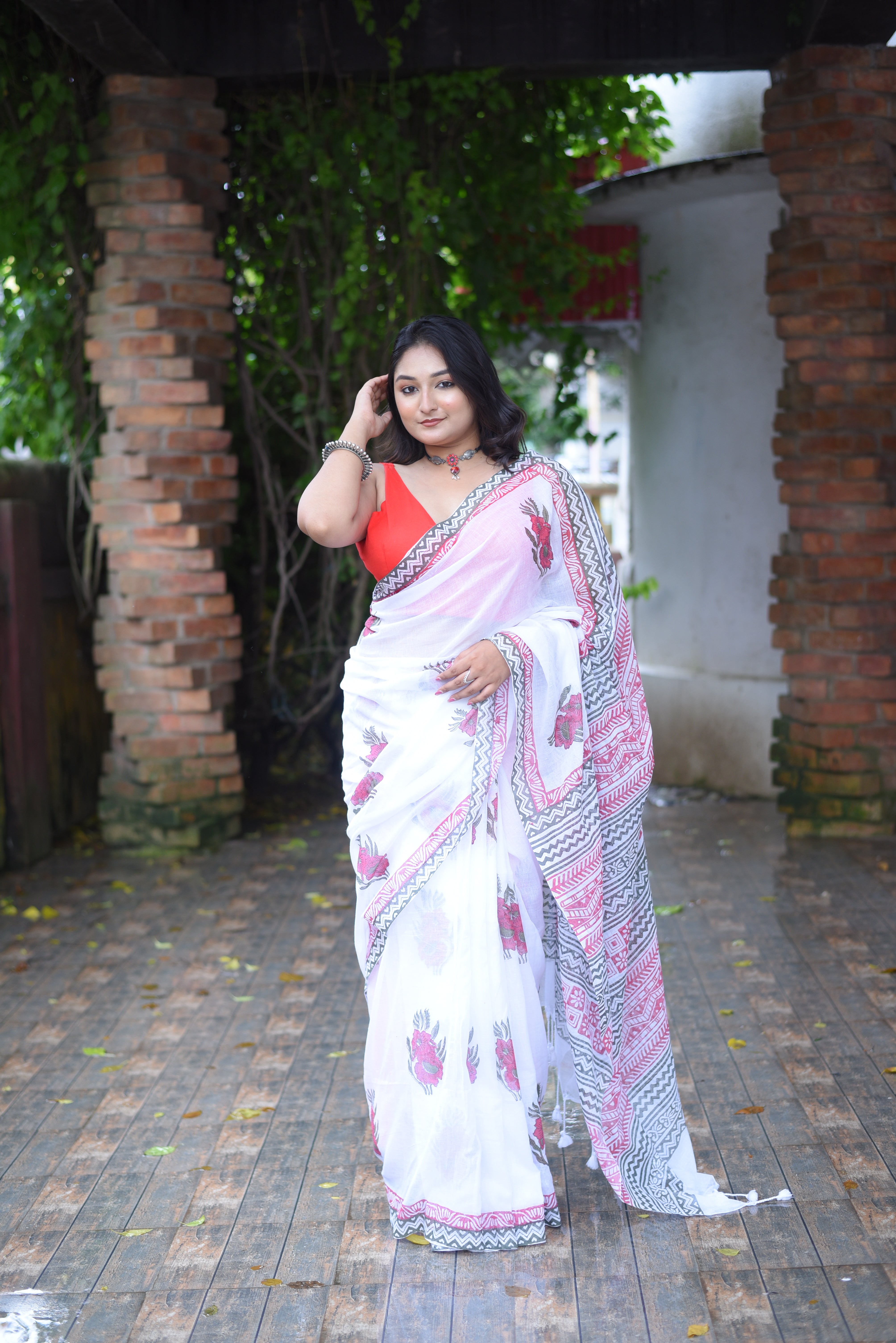 White Hand Block Print Mulmul Cotton Saree
