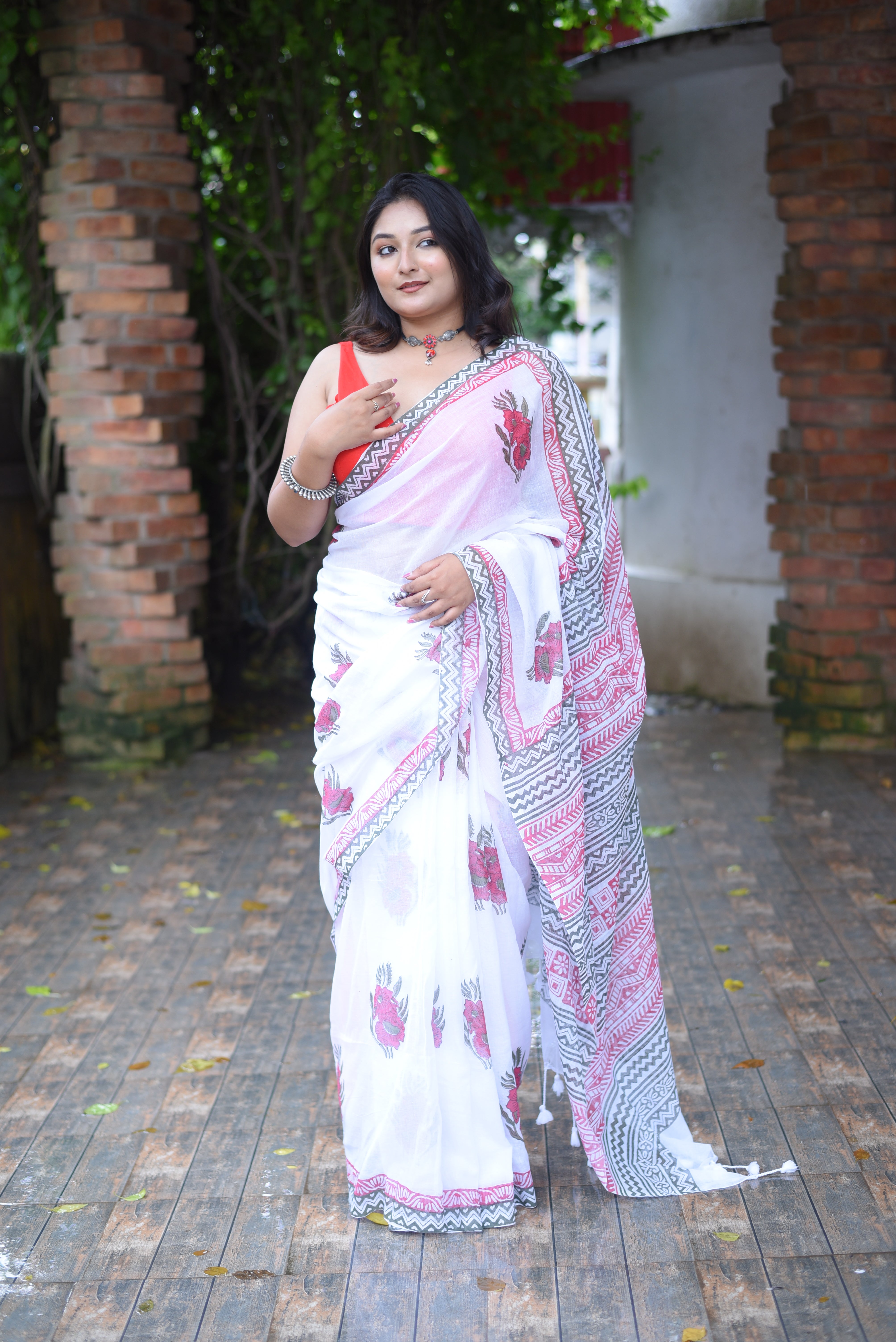 White Hand Block Print Mulmul Cotton Saree