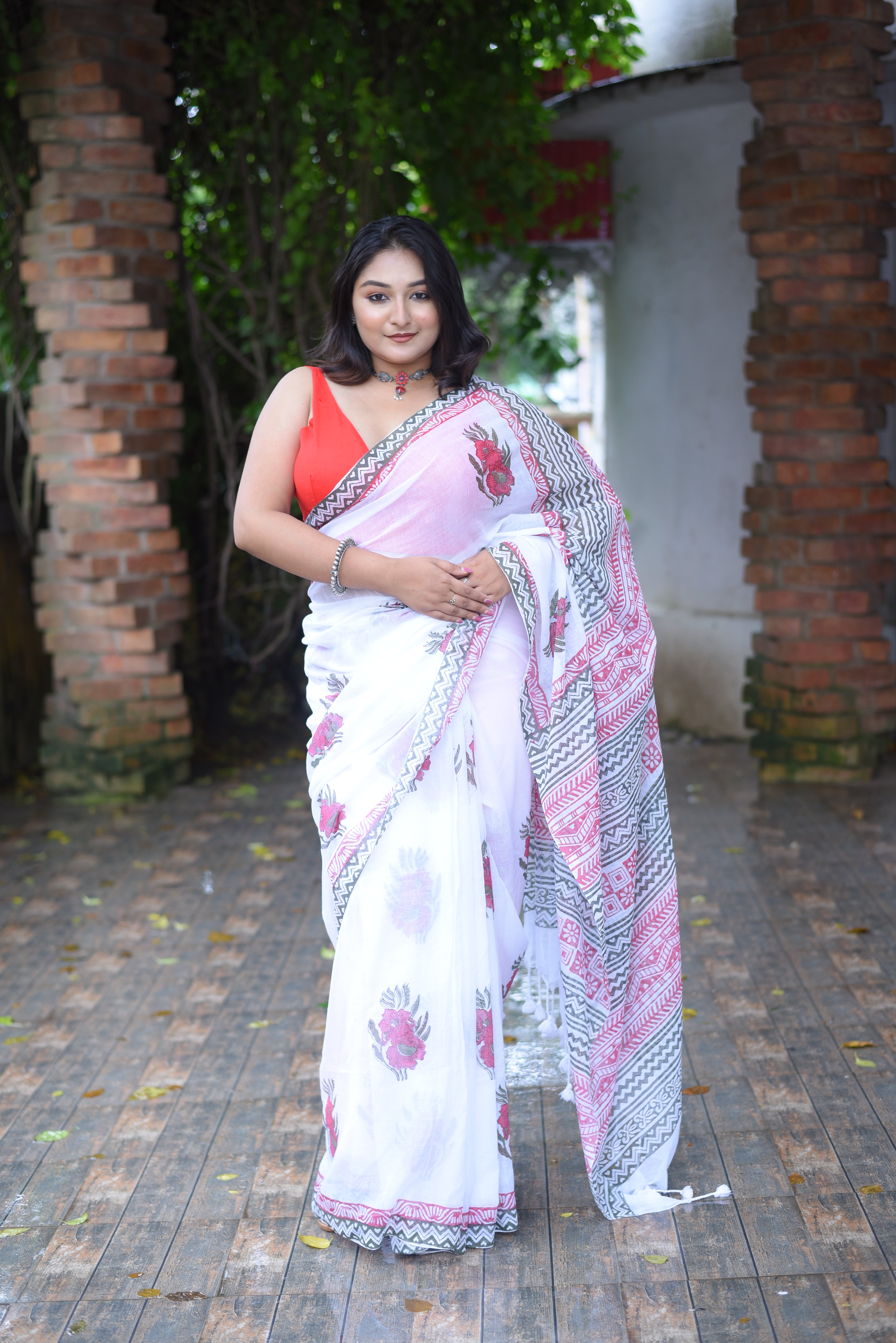White Hand Block Print Mulmul Cotton Saree