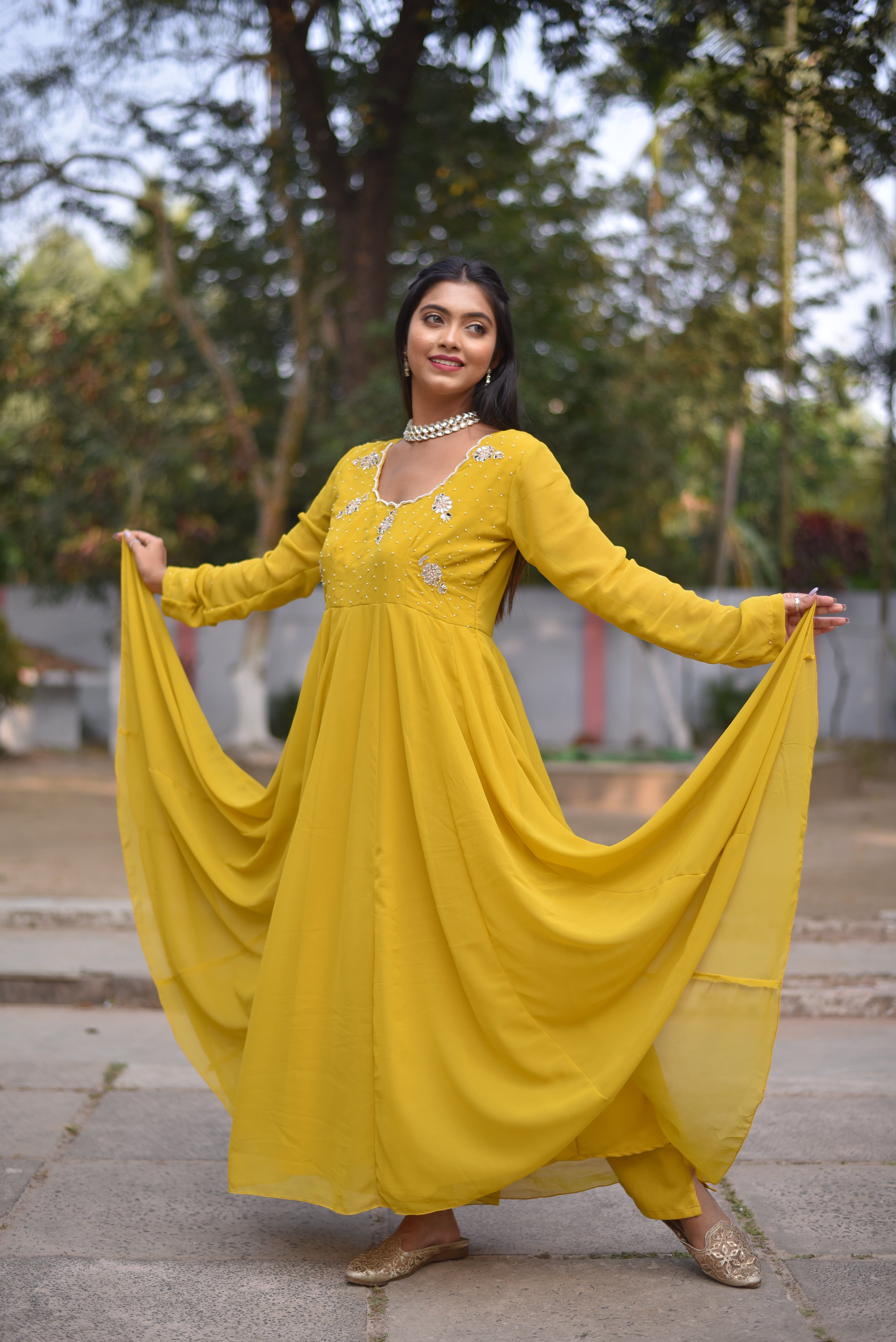 Yellow Mirror Work Anarkali Suit Sets