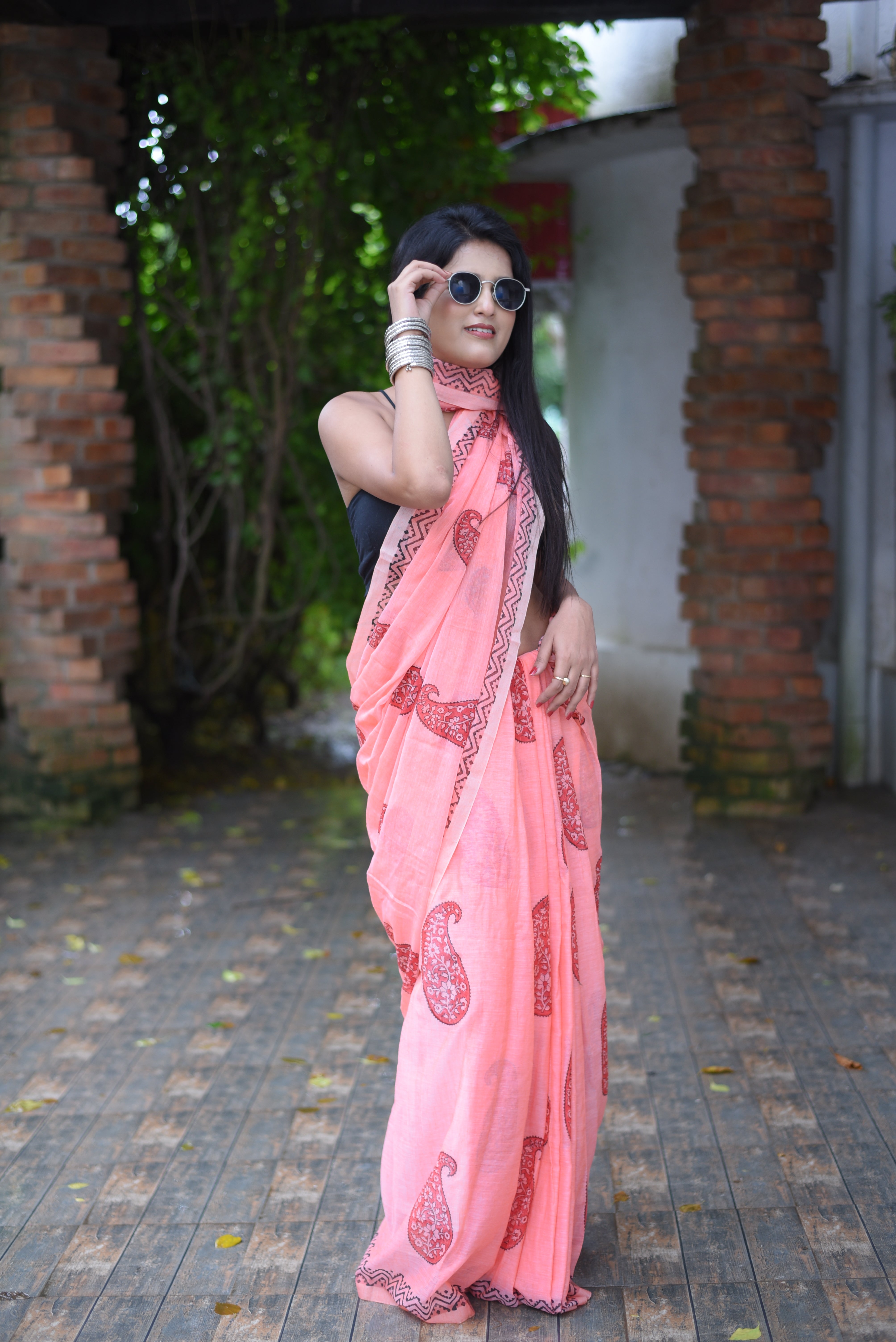 Peach Hand Block Print Mulmul Cotton Saree