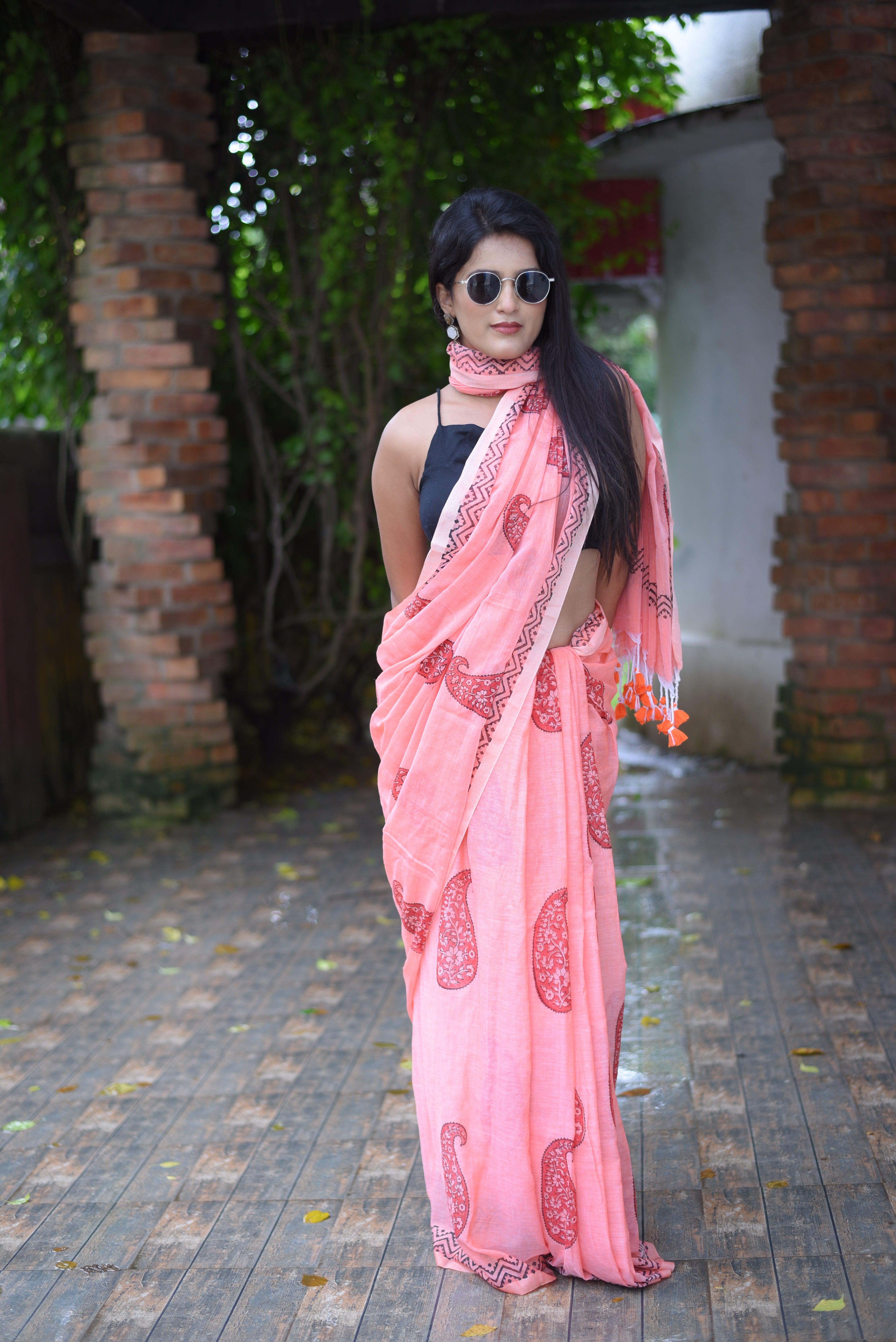 Peach Hand Block Print Mulmul Cotton Saree