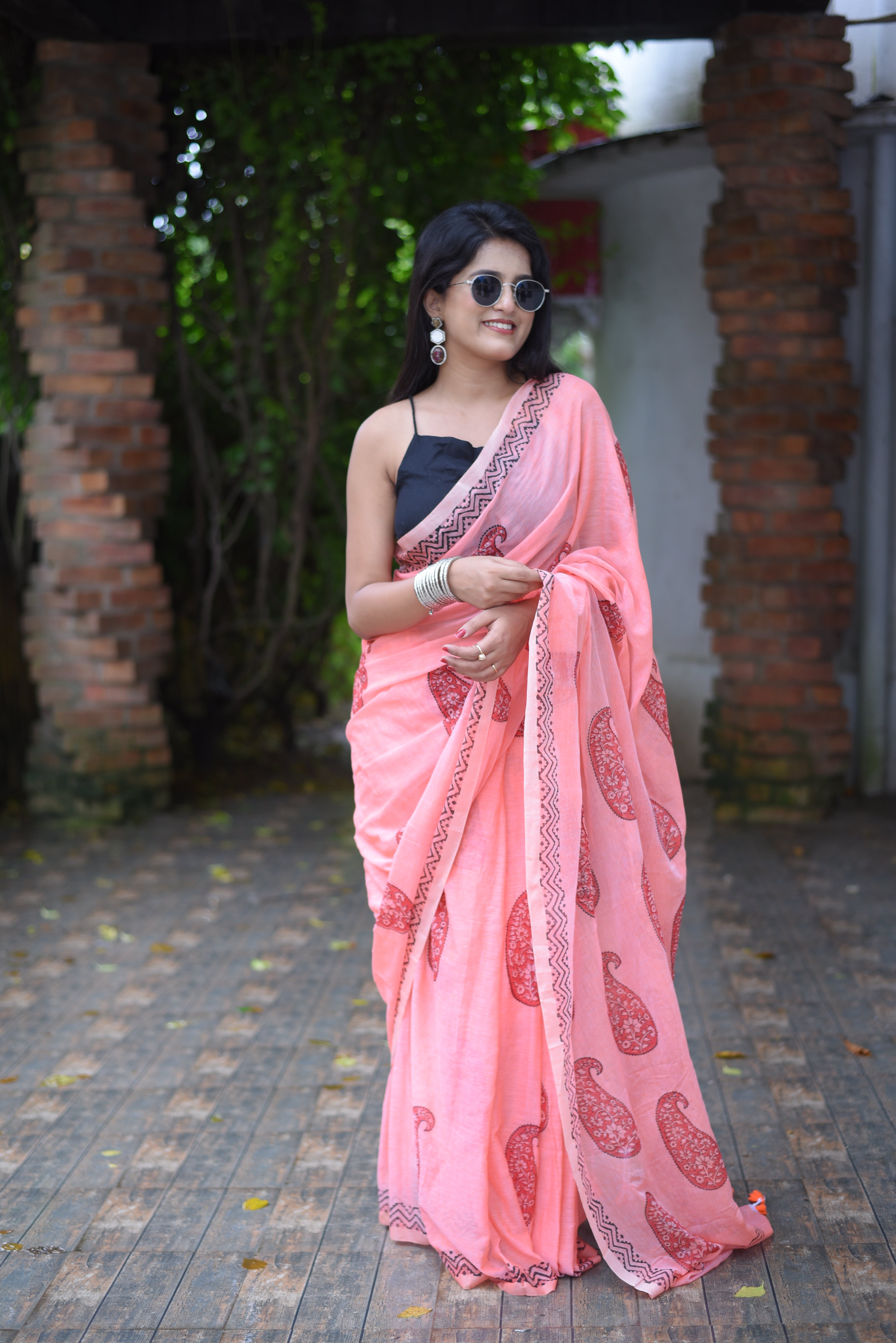Peach Hand Block Print Mulmul Cotton Saree