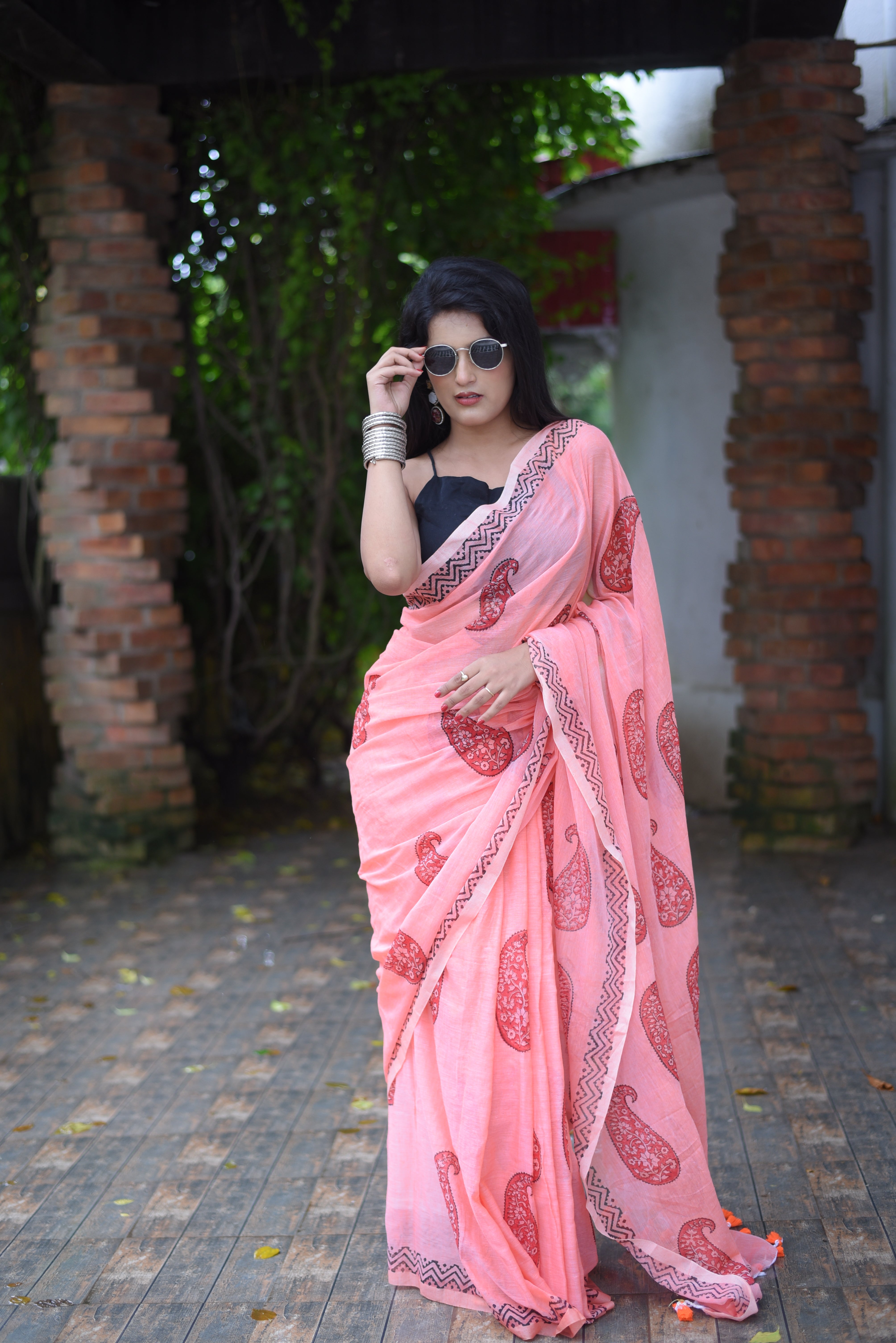 Peach Hand Block Print Mulmul Cotton Saree