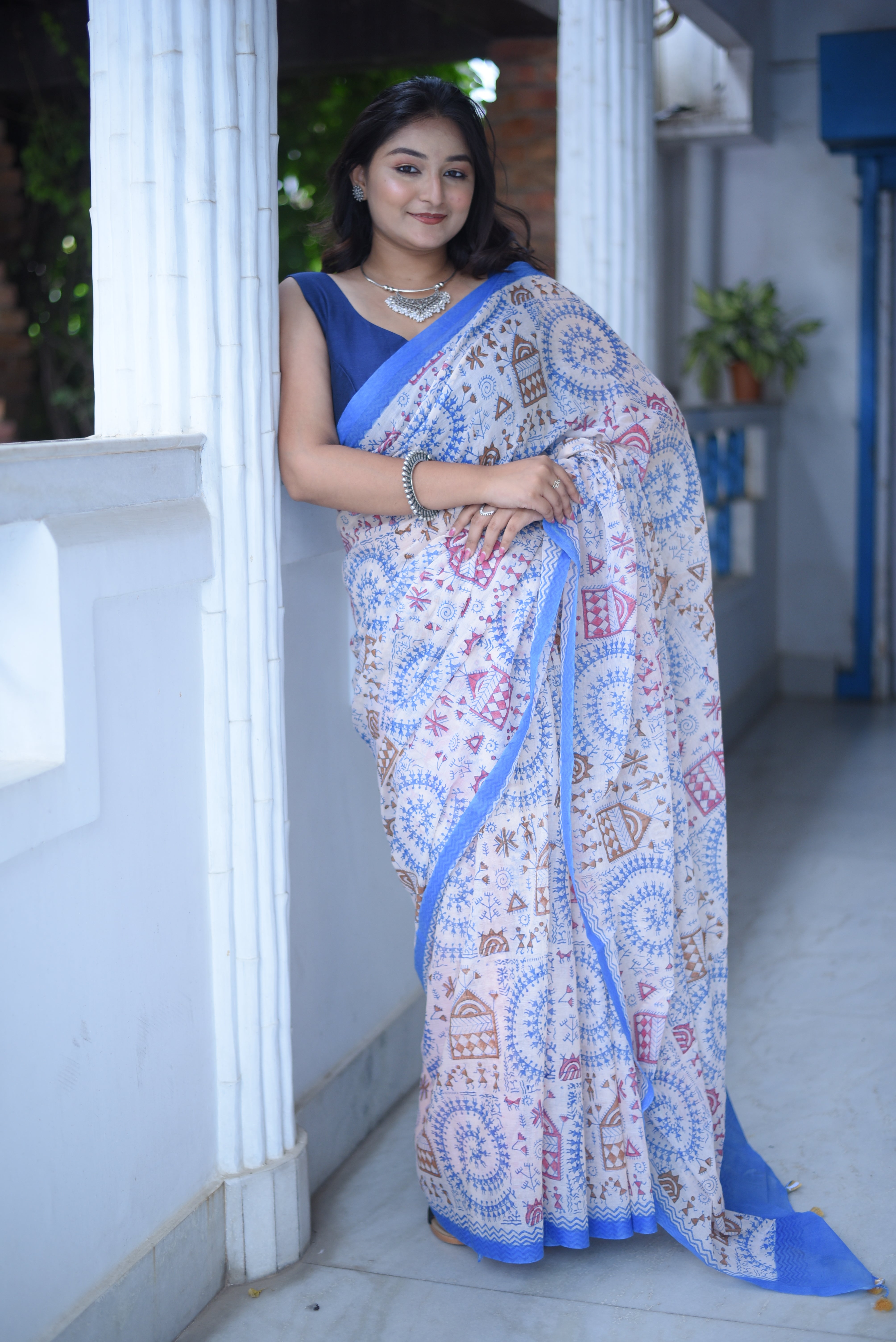 White Tribal Block Print Mulmul Cotton Saree