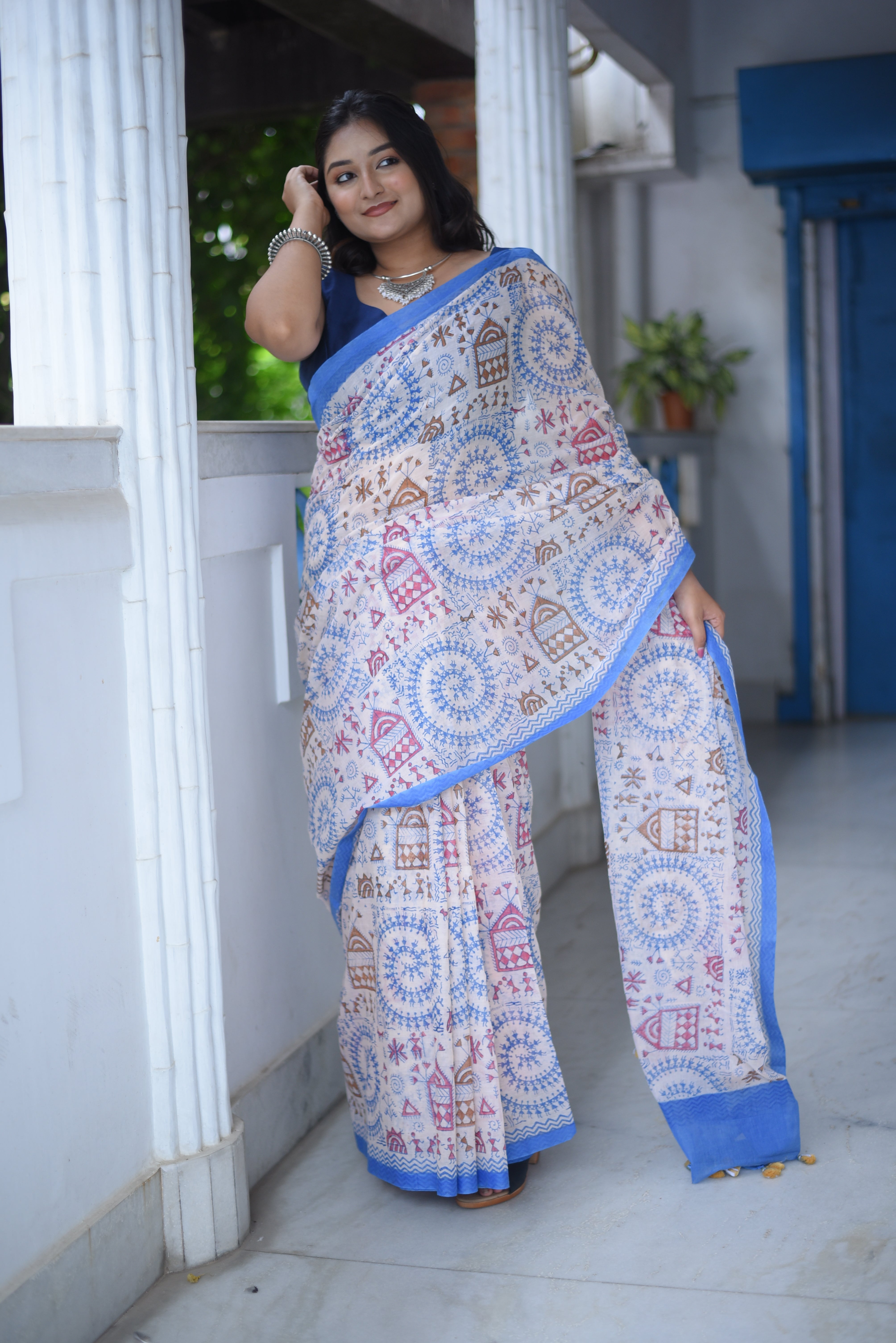 White Tribal Block Print Mulmul Cotton Saree