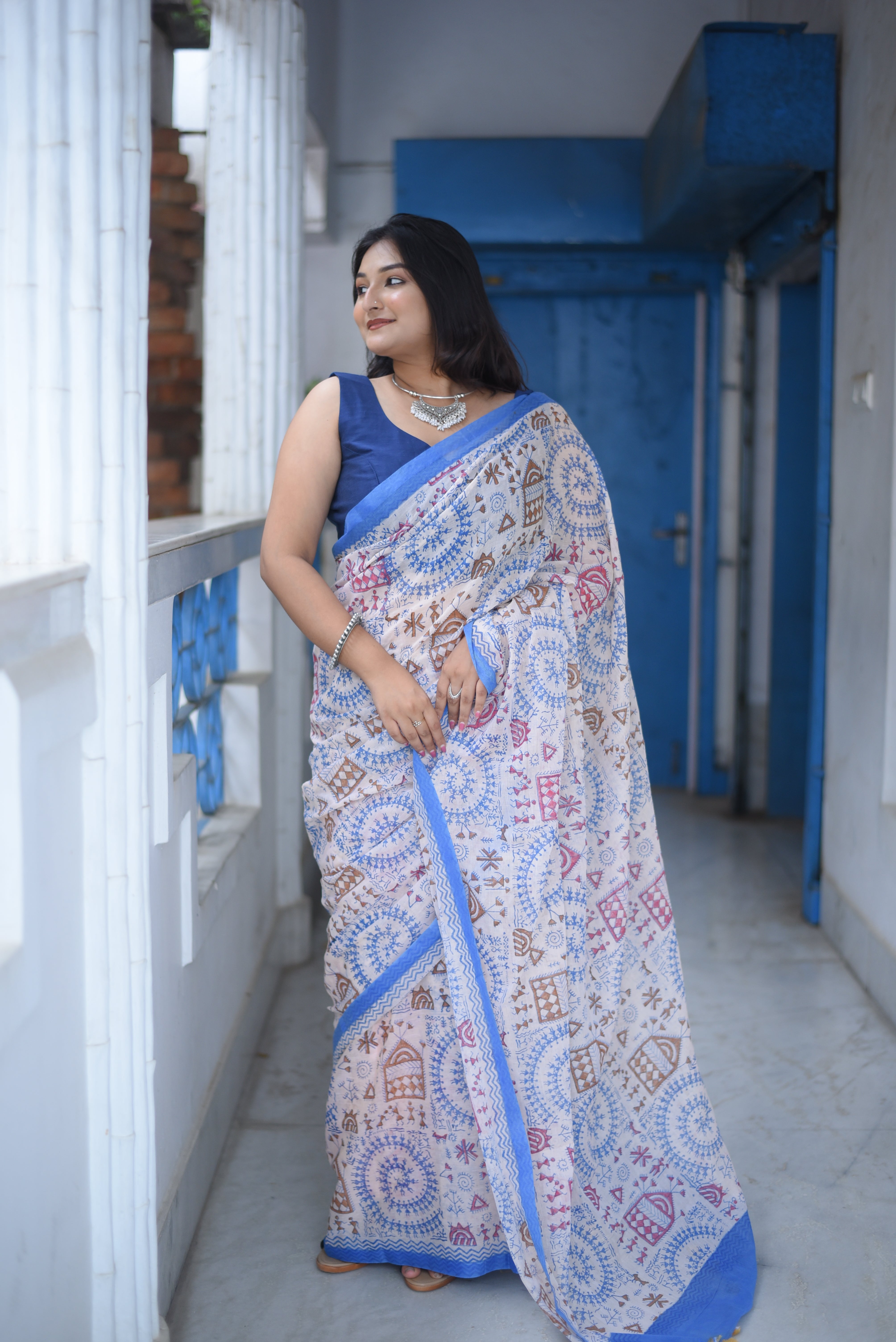White Tribal Block Print Mulmul Cotton Saree