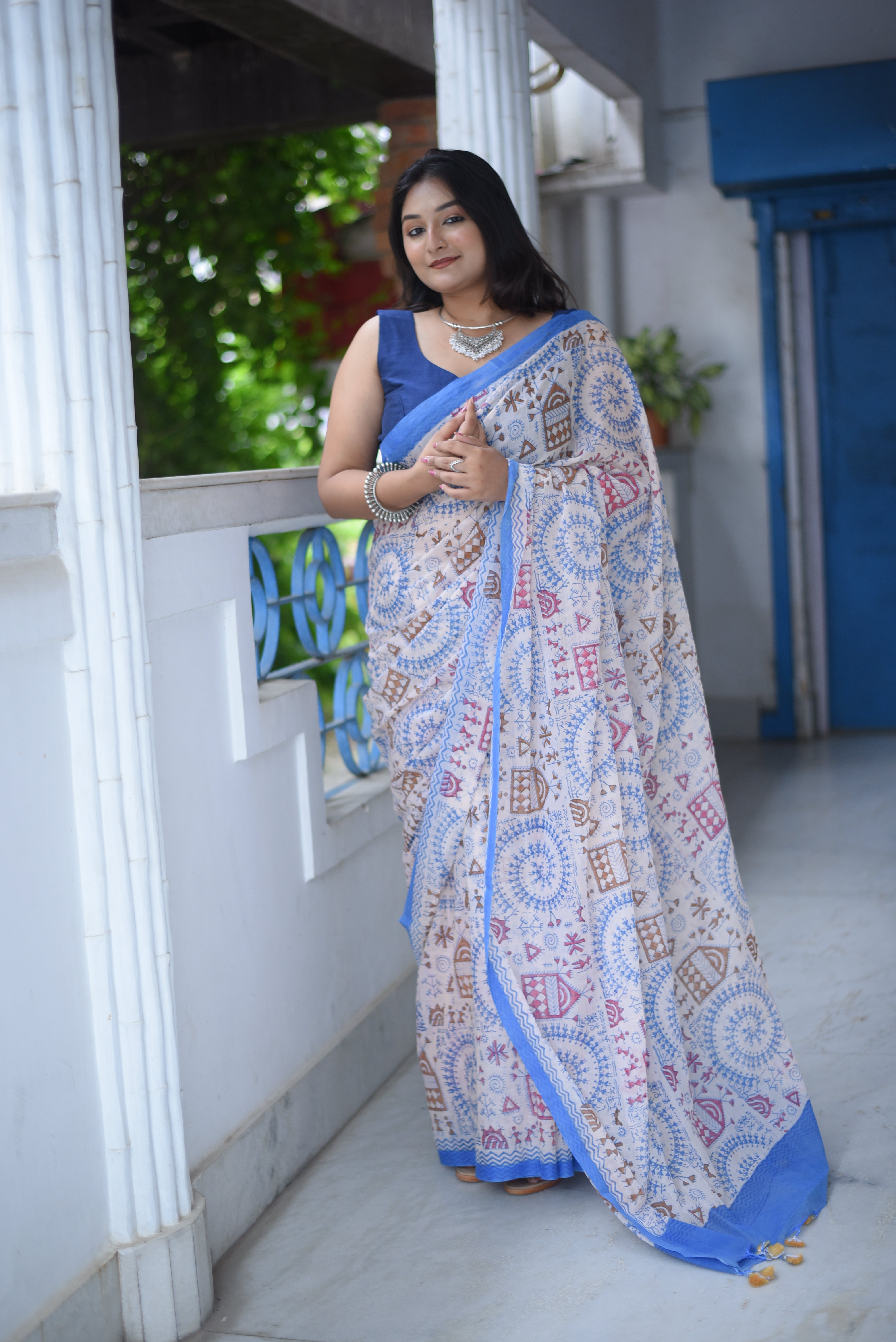 White Tribal Block Print Mulmul Cotton Saree