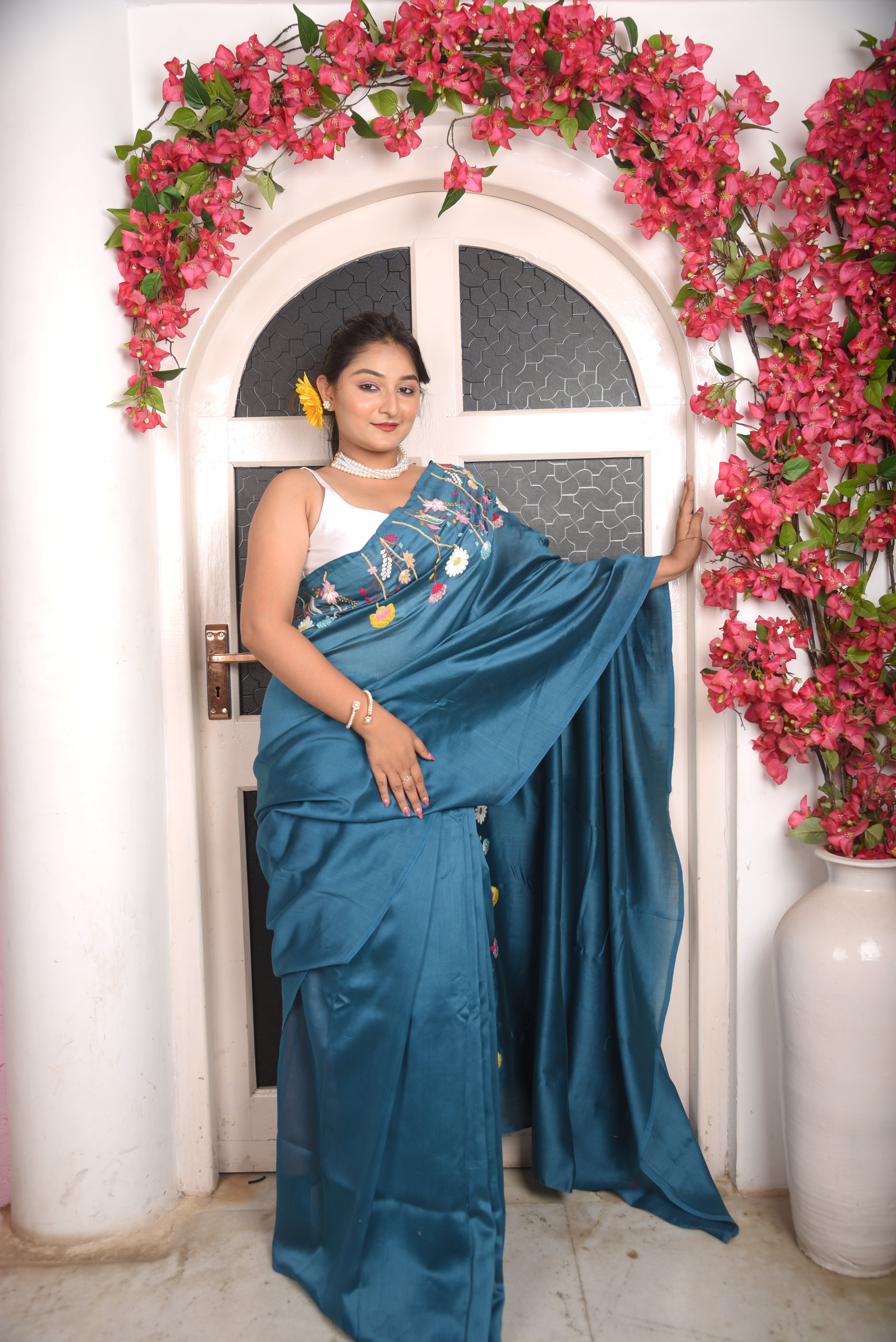 Hand Embroidered Pure Chanderi Saree