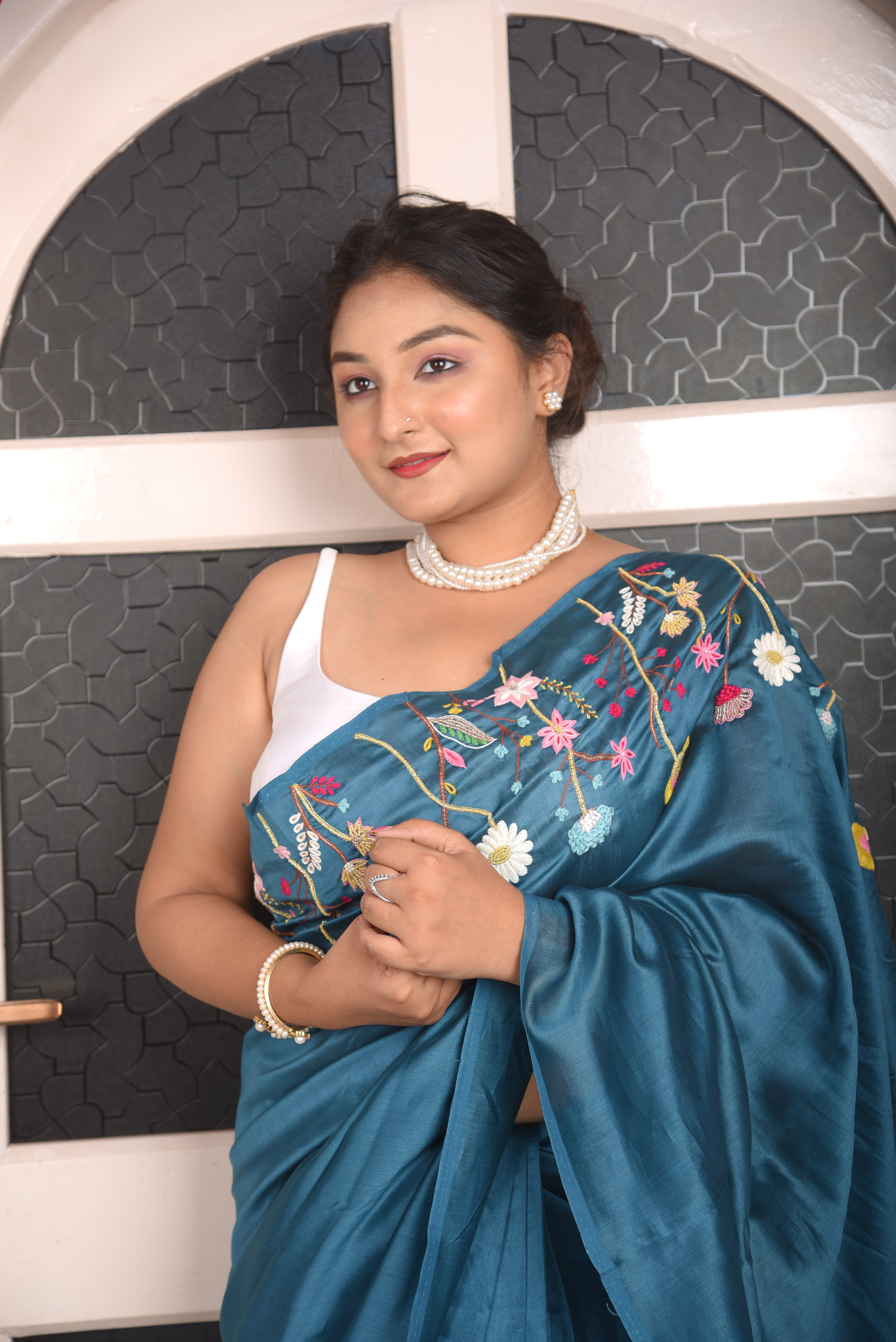 Hand Embroidered Pure Chanderi Saree