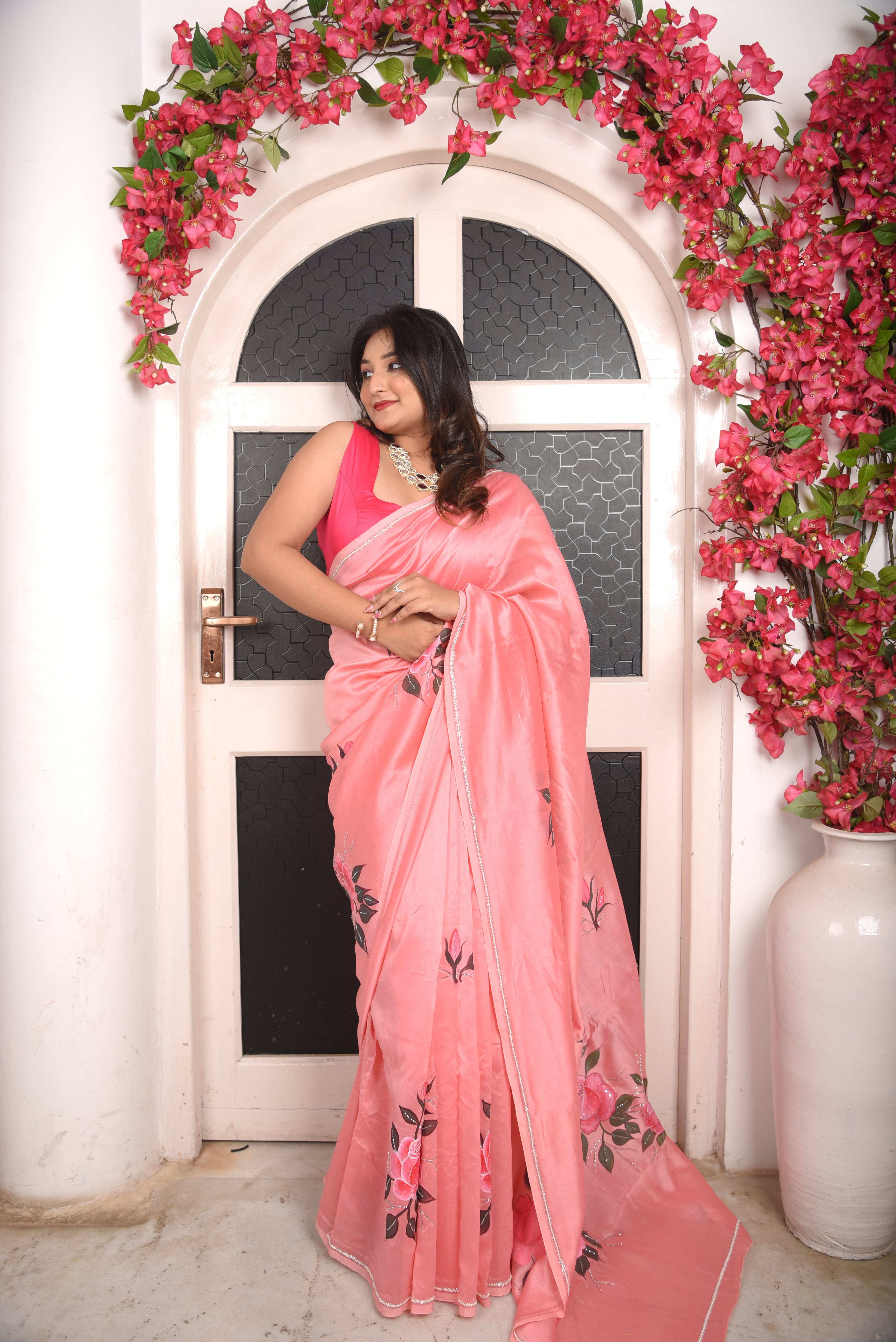 Pink Hand Painted Hand Embroidery Chanderi Saree