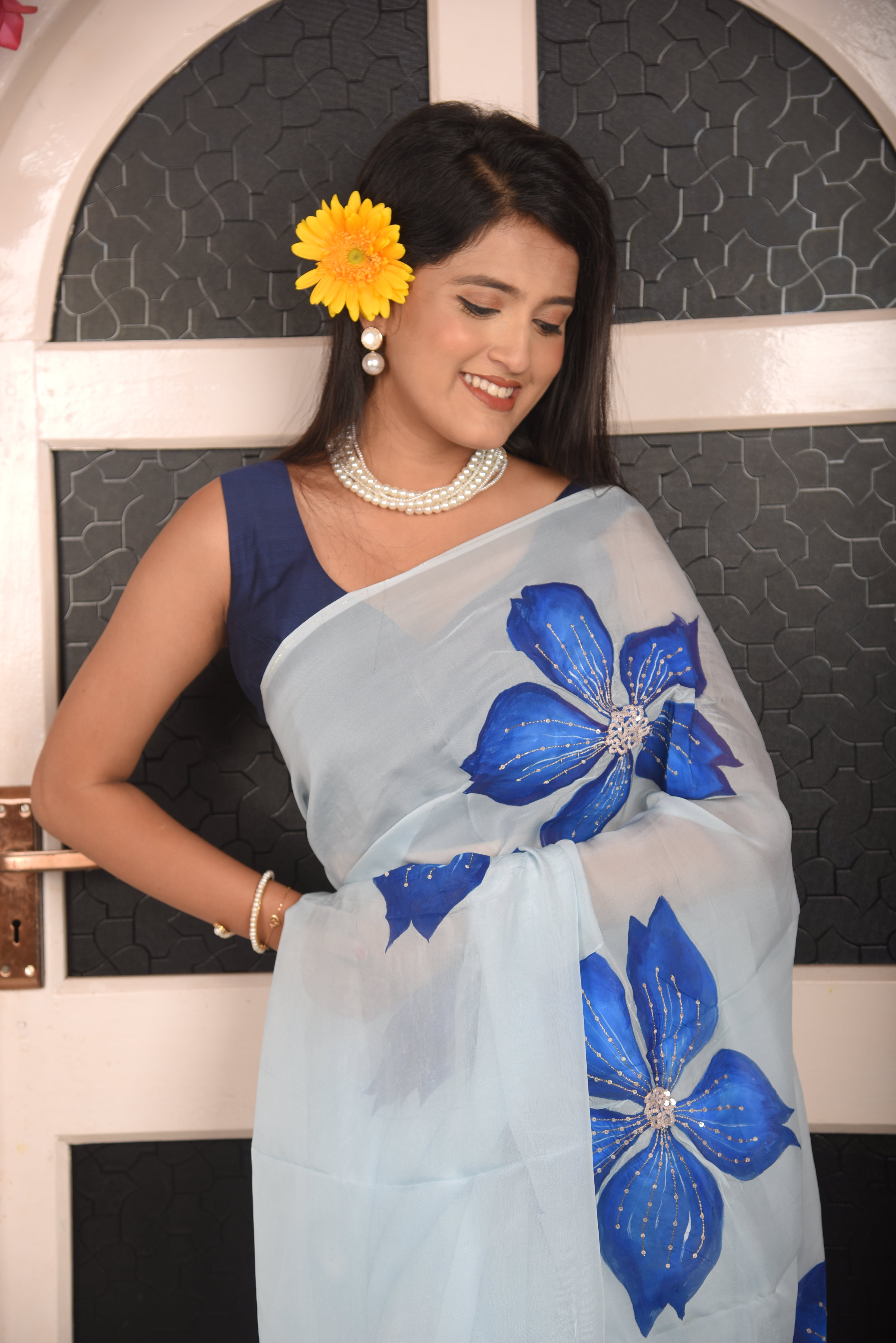Sky Blue Hand Painted Hand Embroidery Chanderi Saree