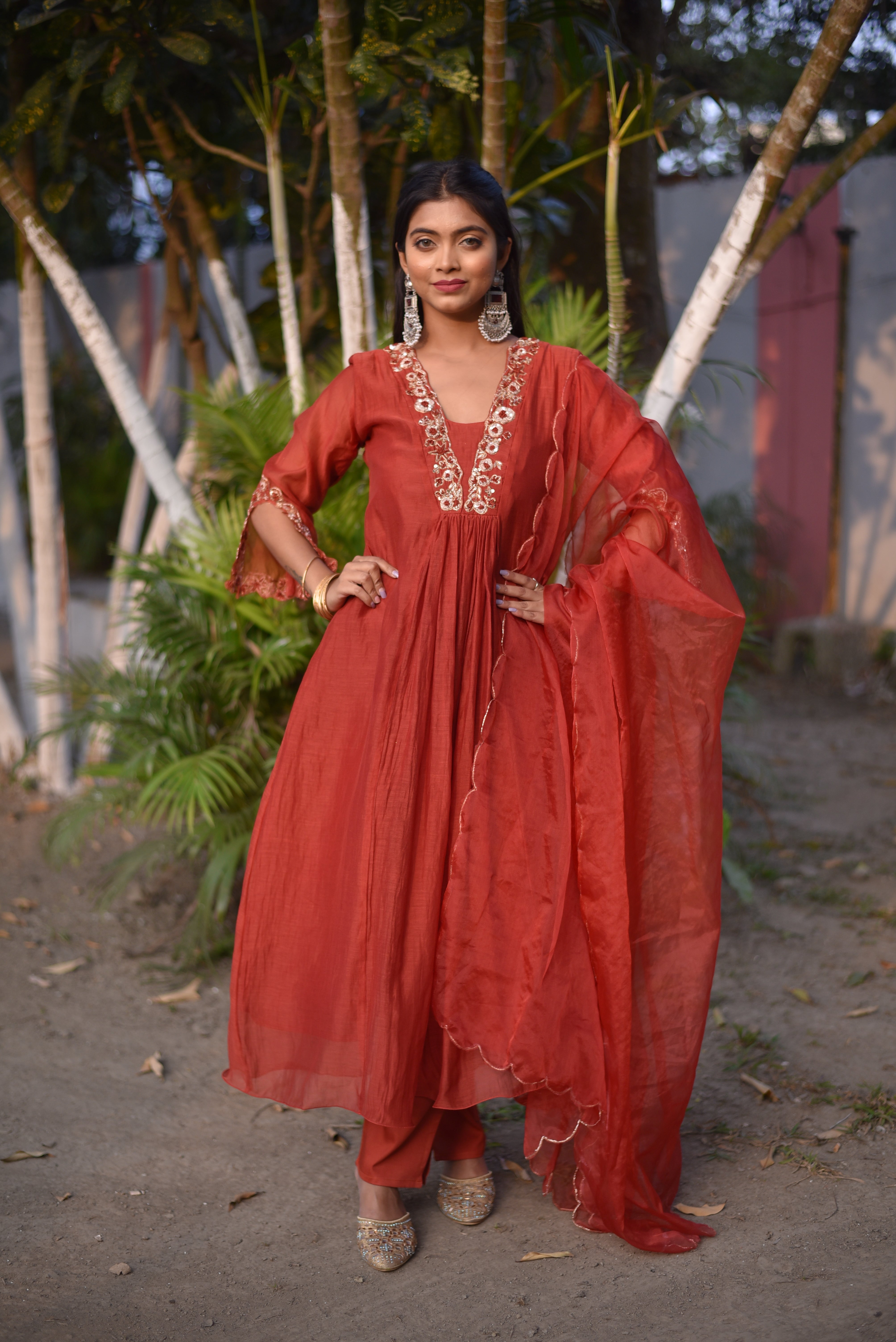Rust Color Mul Chanderi Suit Sets
