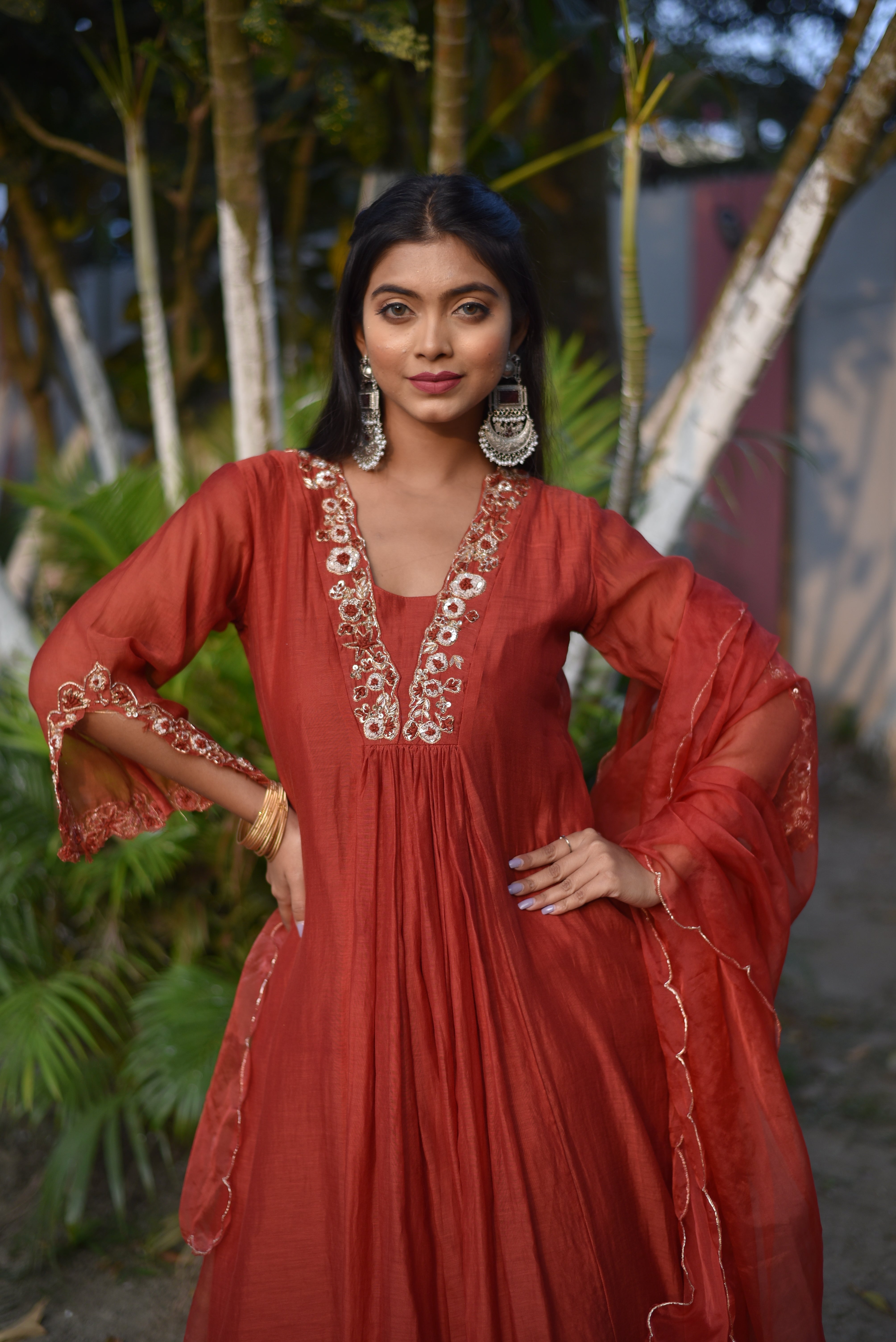 Rust Color Mul Chanderi Suit Sets