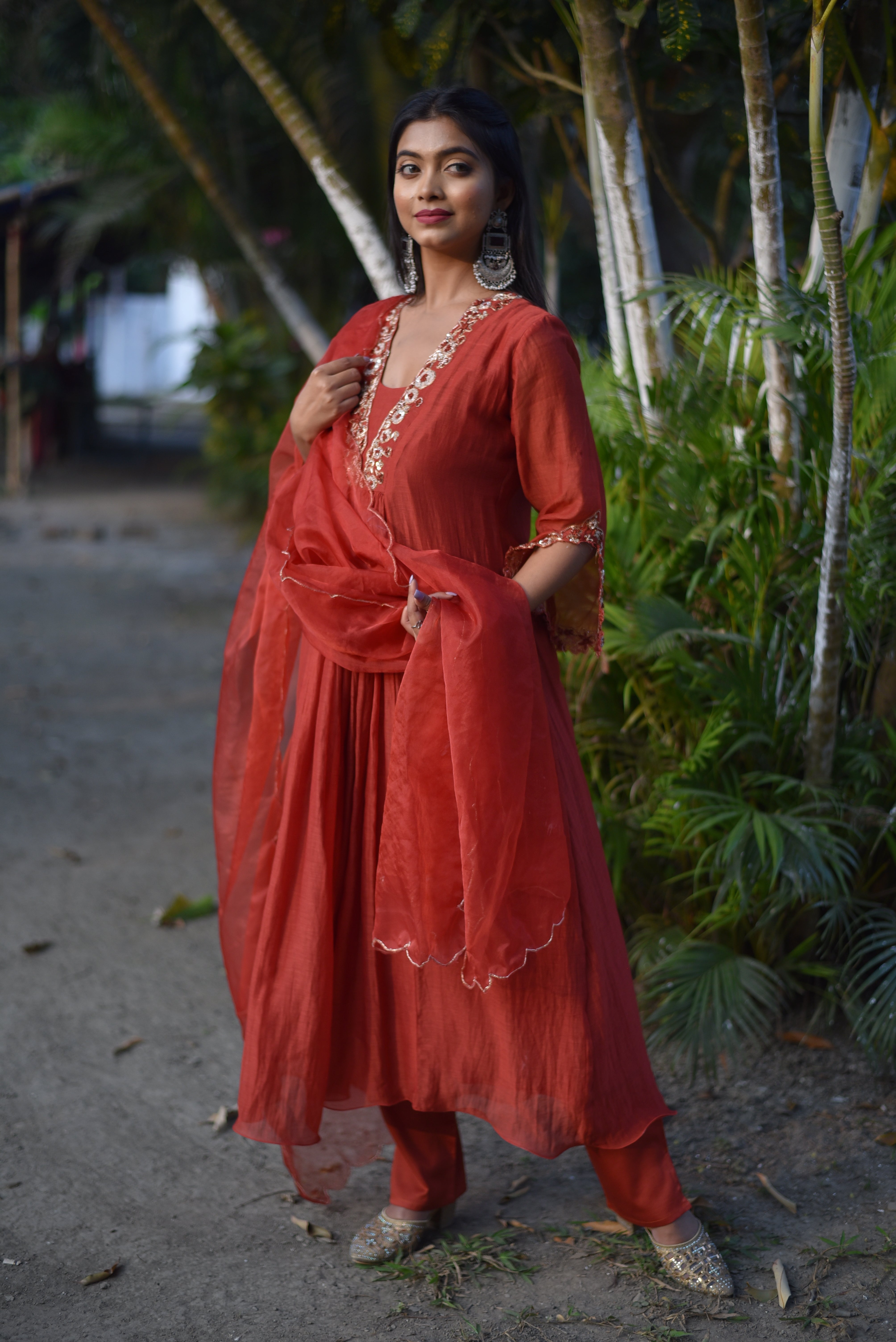 Rust Color Mul Chanderi Suit Sets