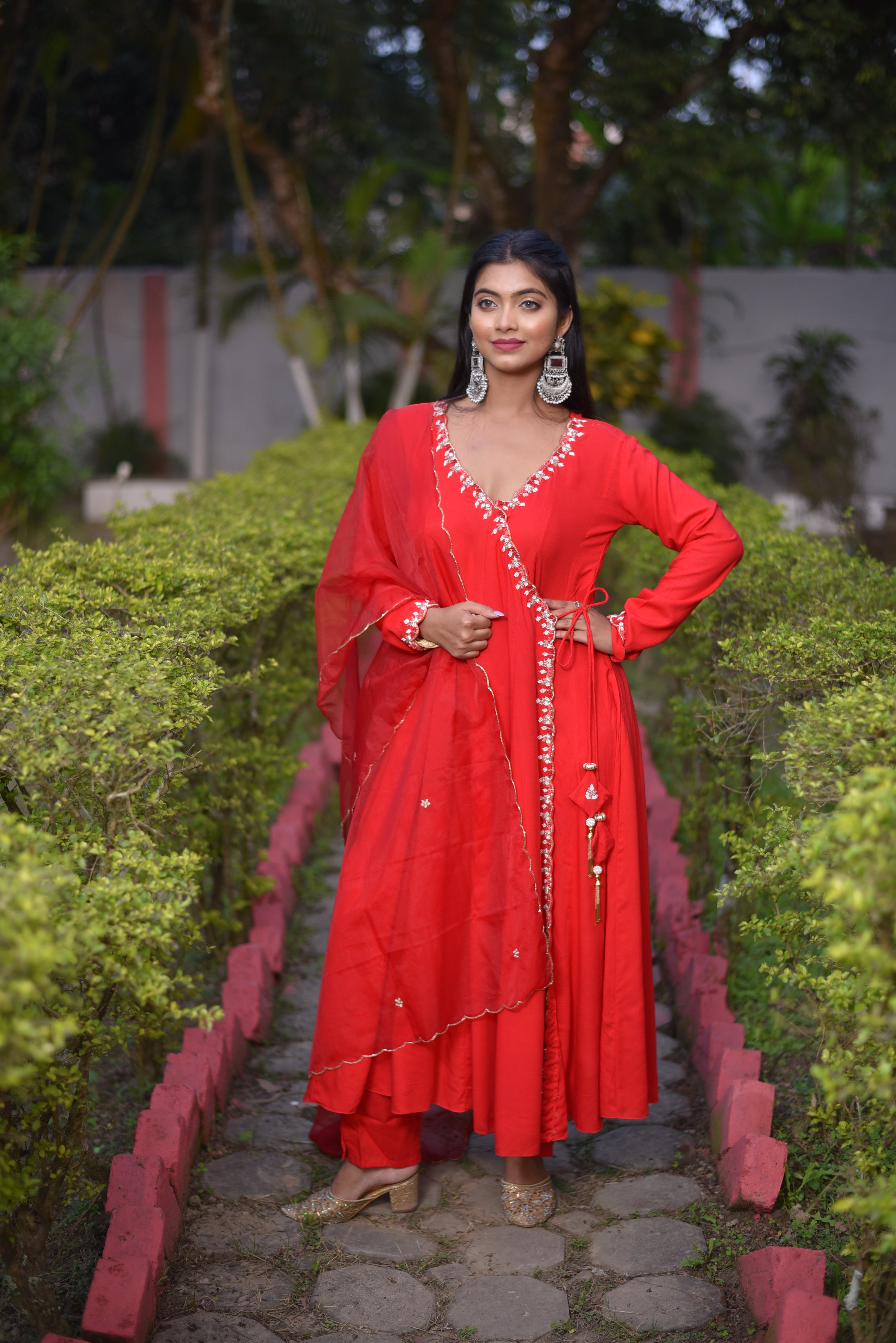 Red Color Rayon Angrakha Suit set