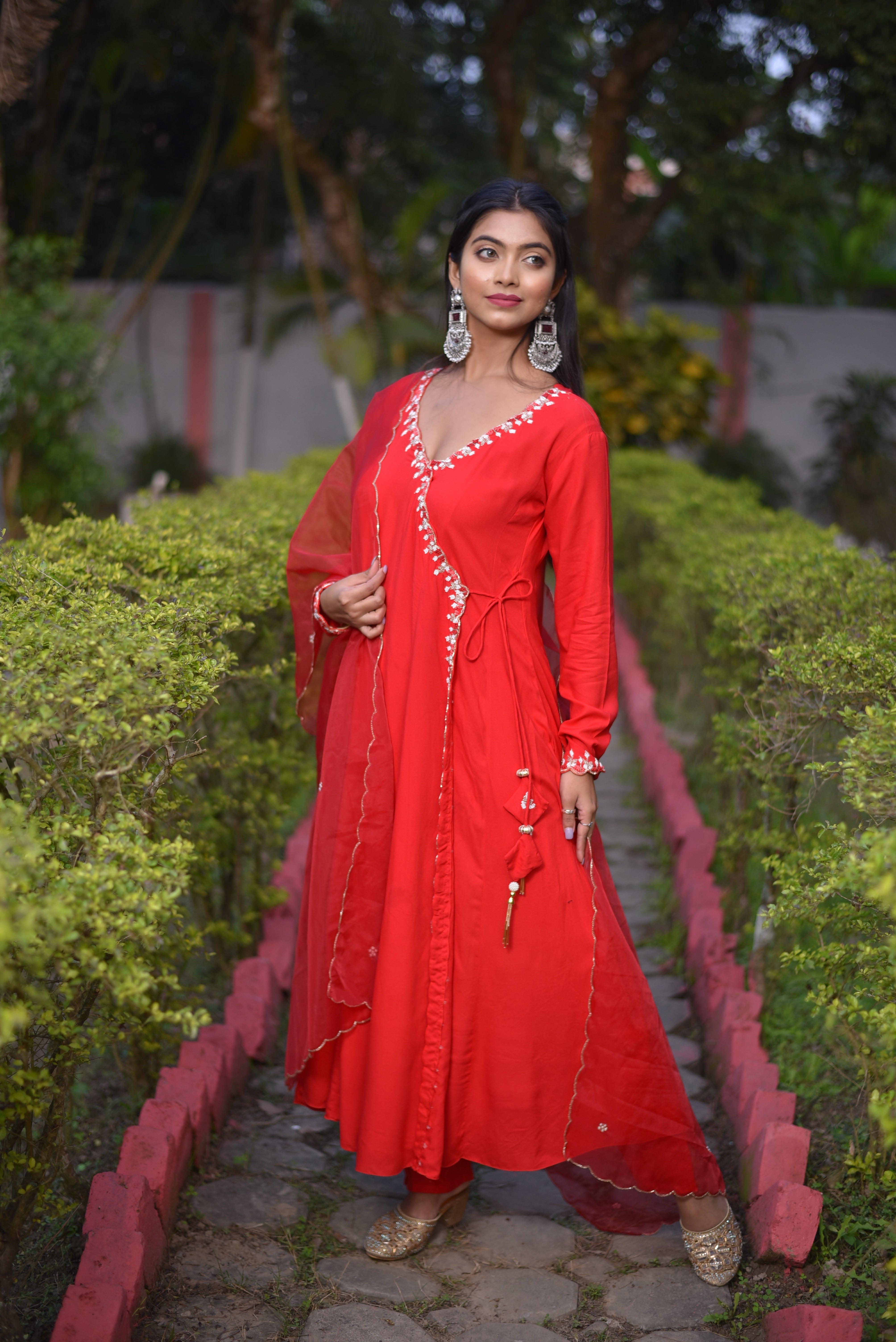 Red Color Rayon Angrakha Suit set