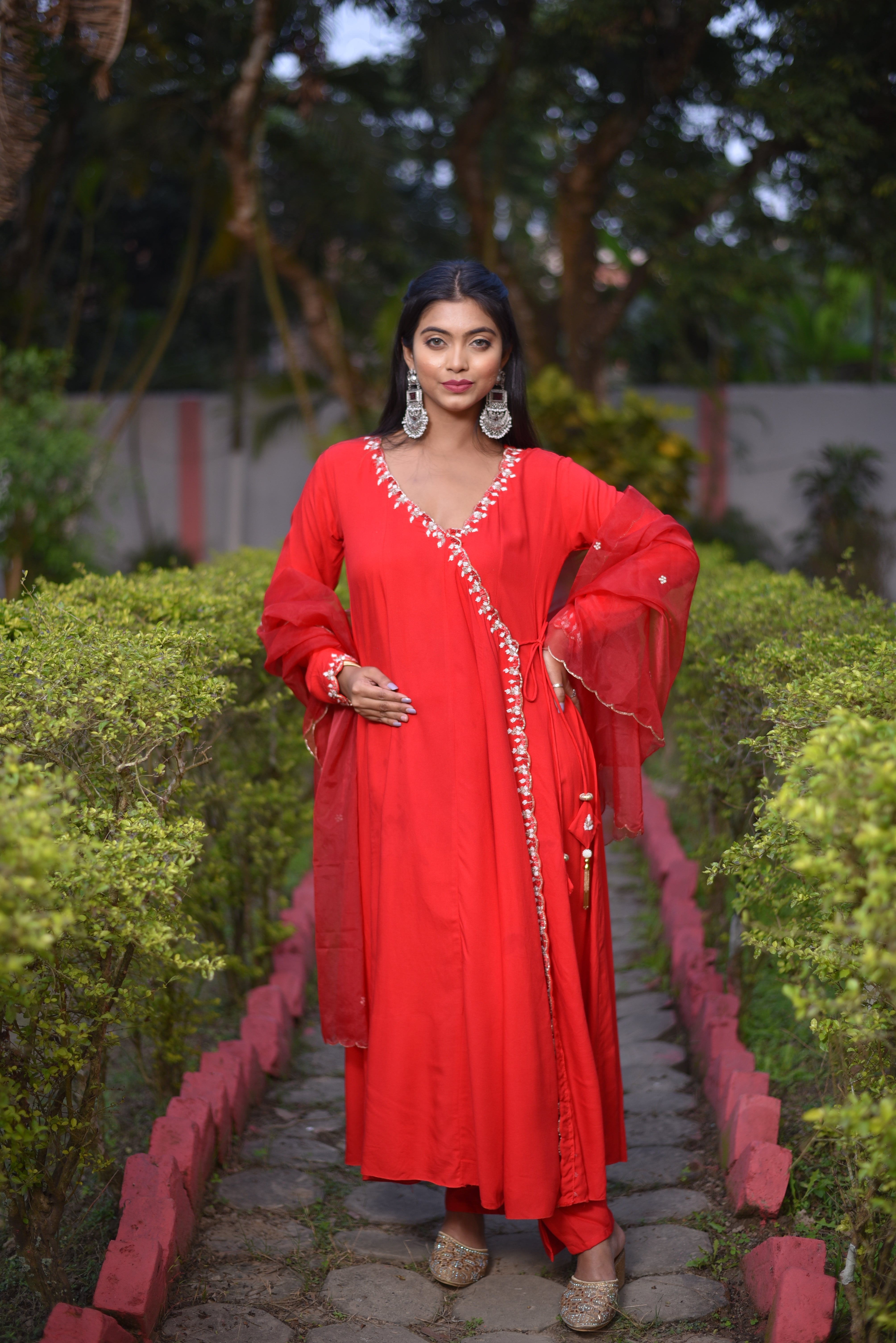 Red Color Rayon Angrakha Suit set