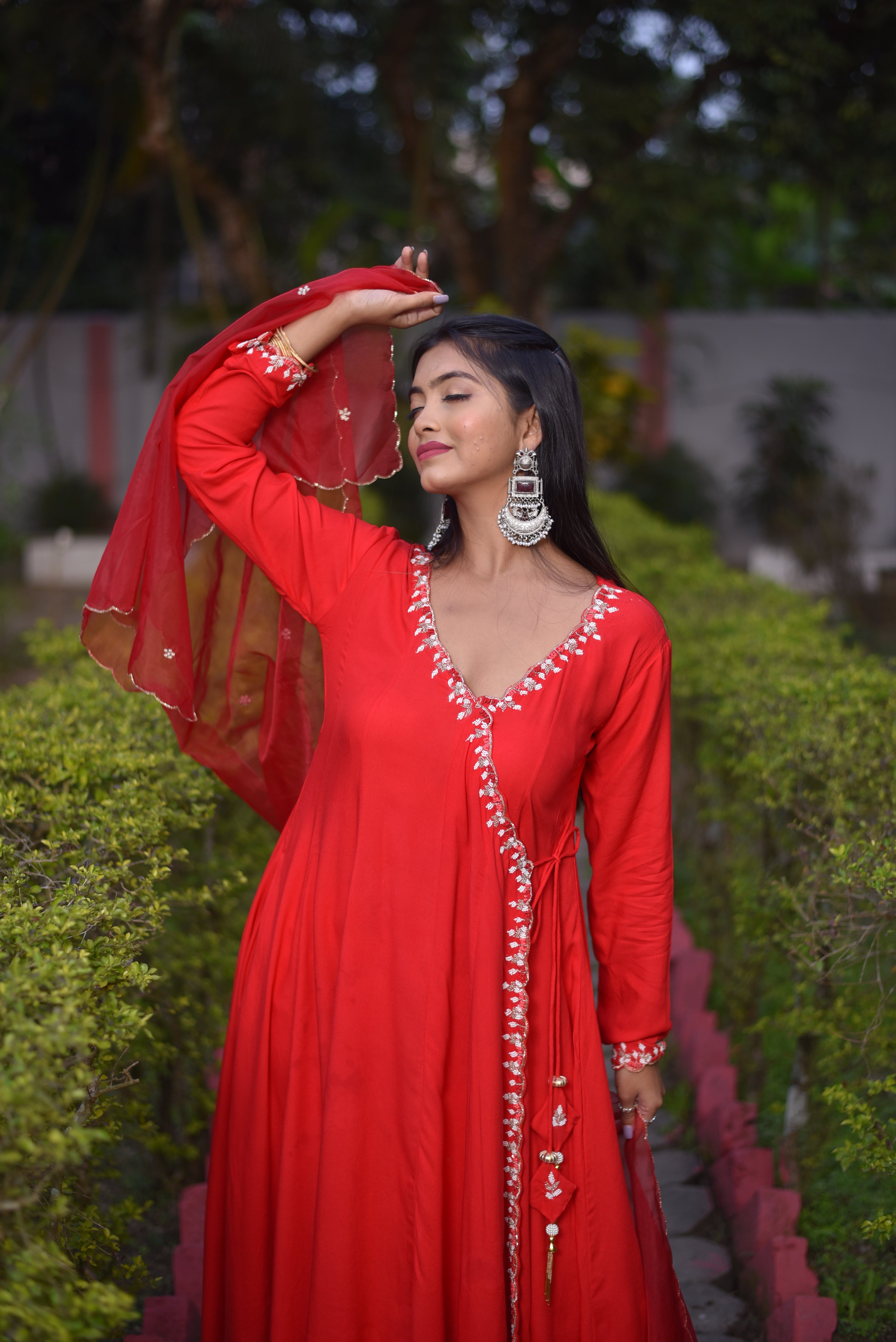 Red Color Rayon Angrakha Suit set