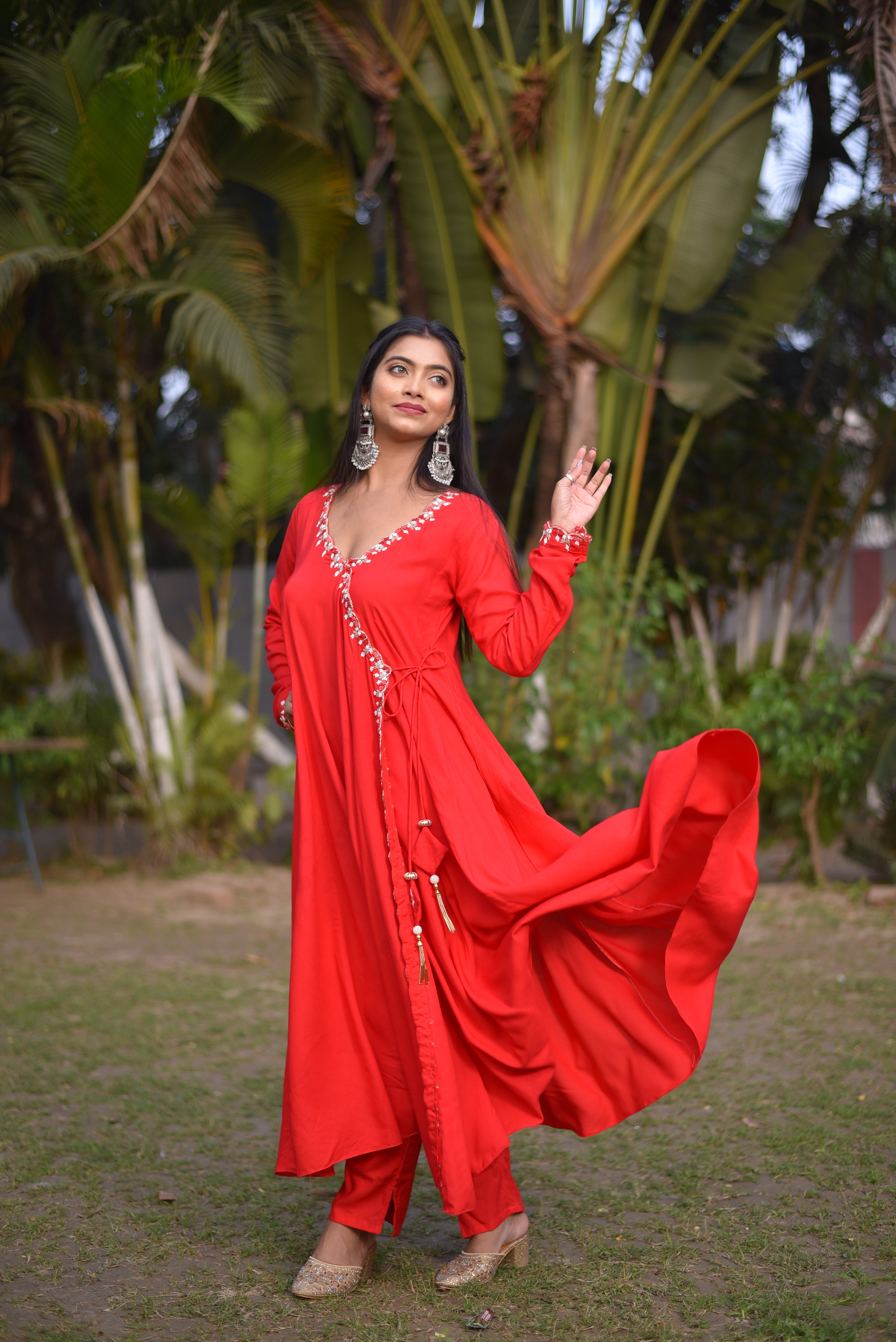 Red Color Rayon Angrakha Suit set
