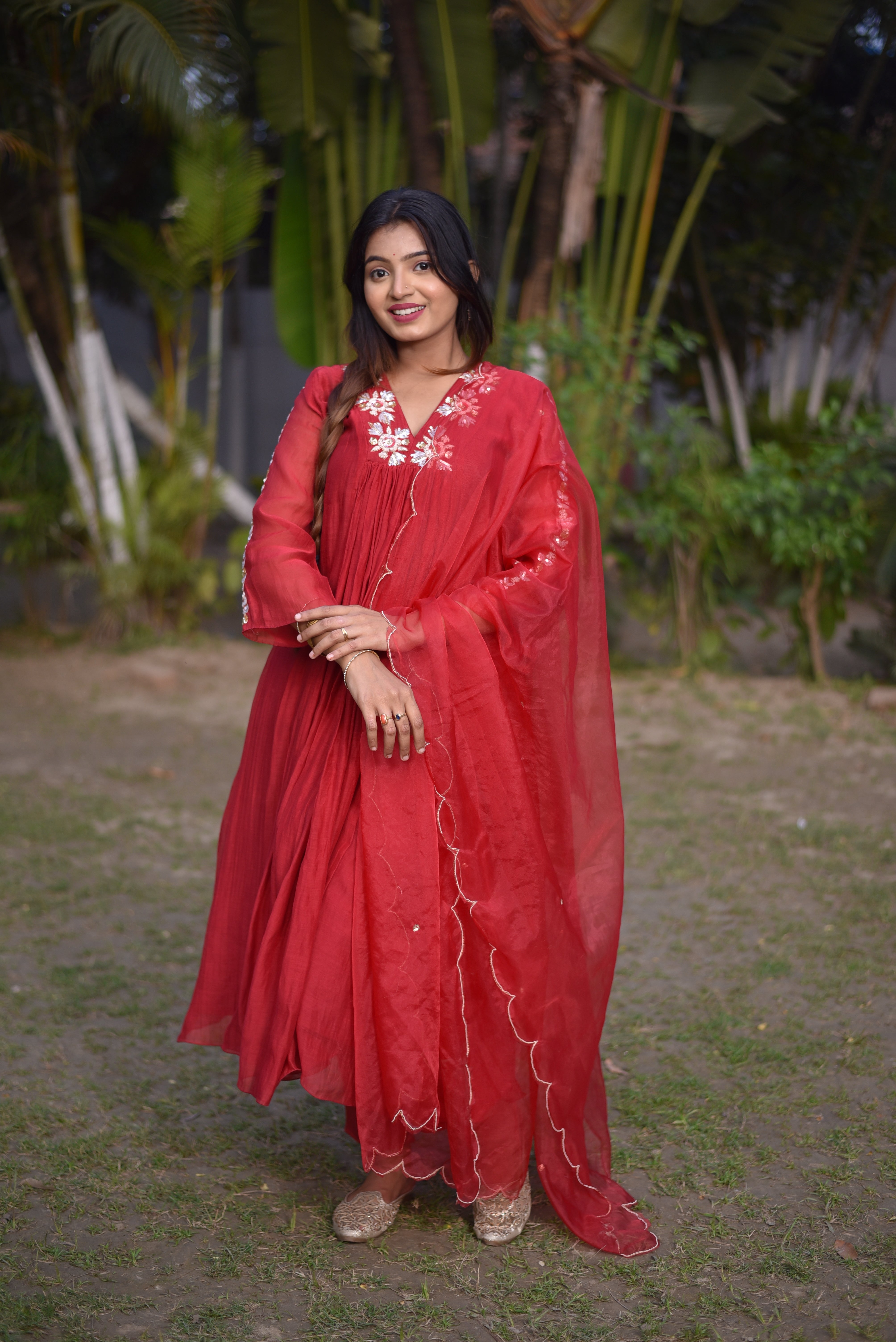 Maroon Color Mul Chanderi Hand Embroidered Suit Sets