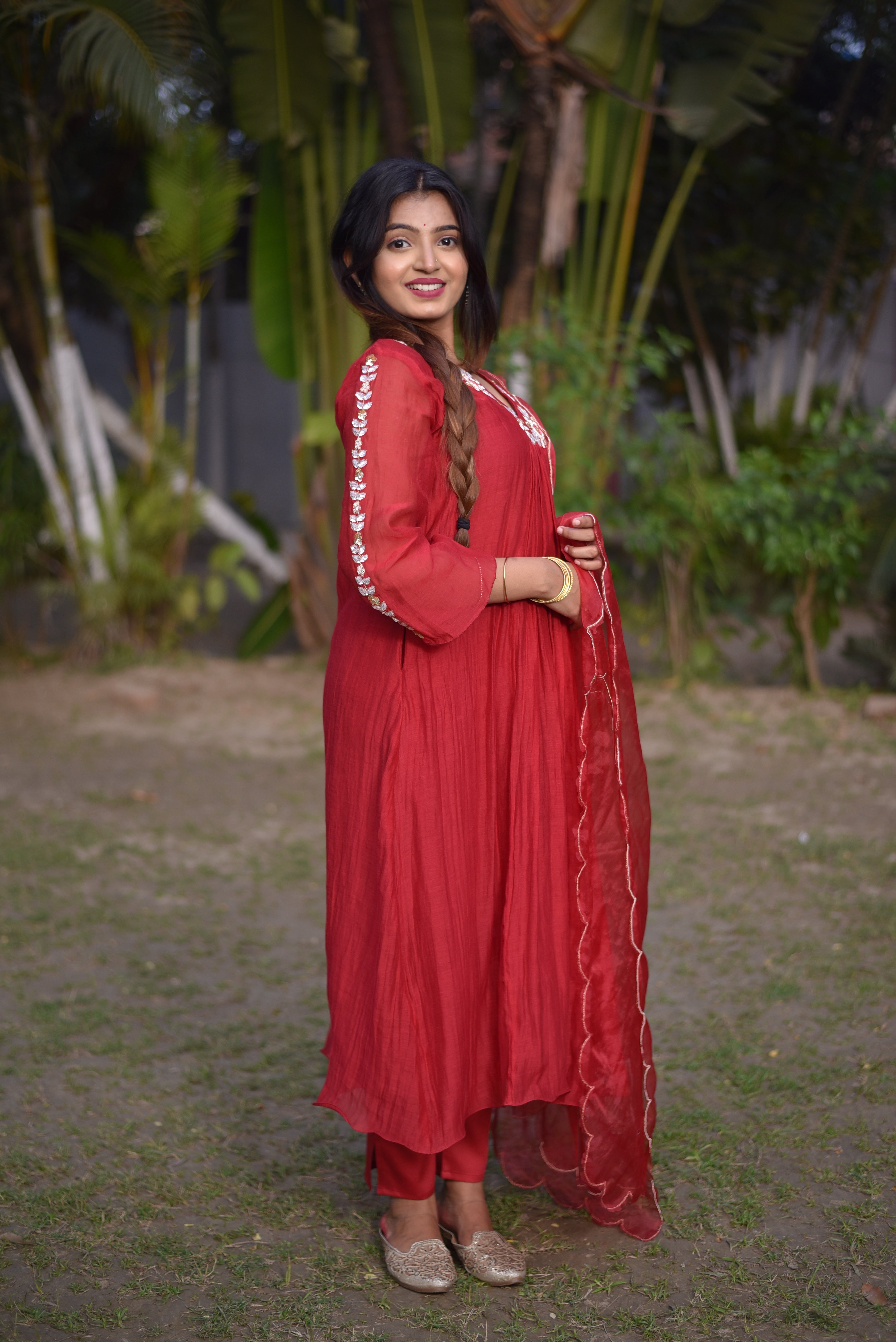 Maroon Color Mul Chanderi Hand Embroidered Suit Sets