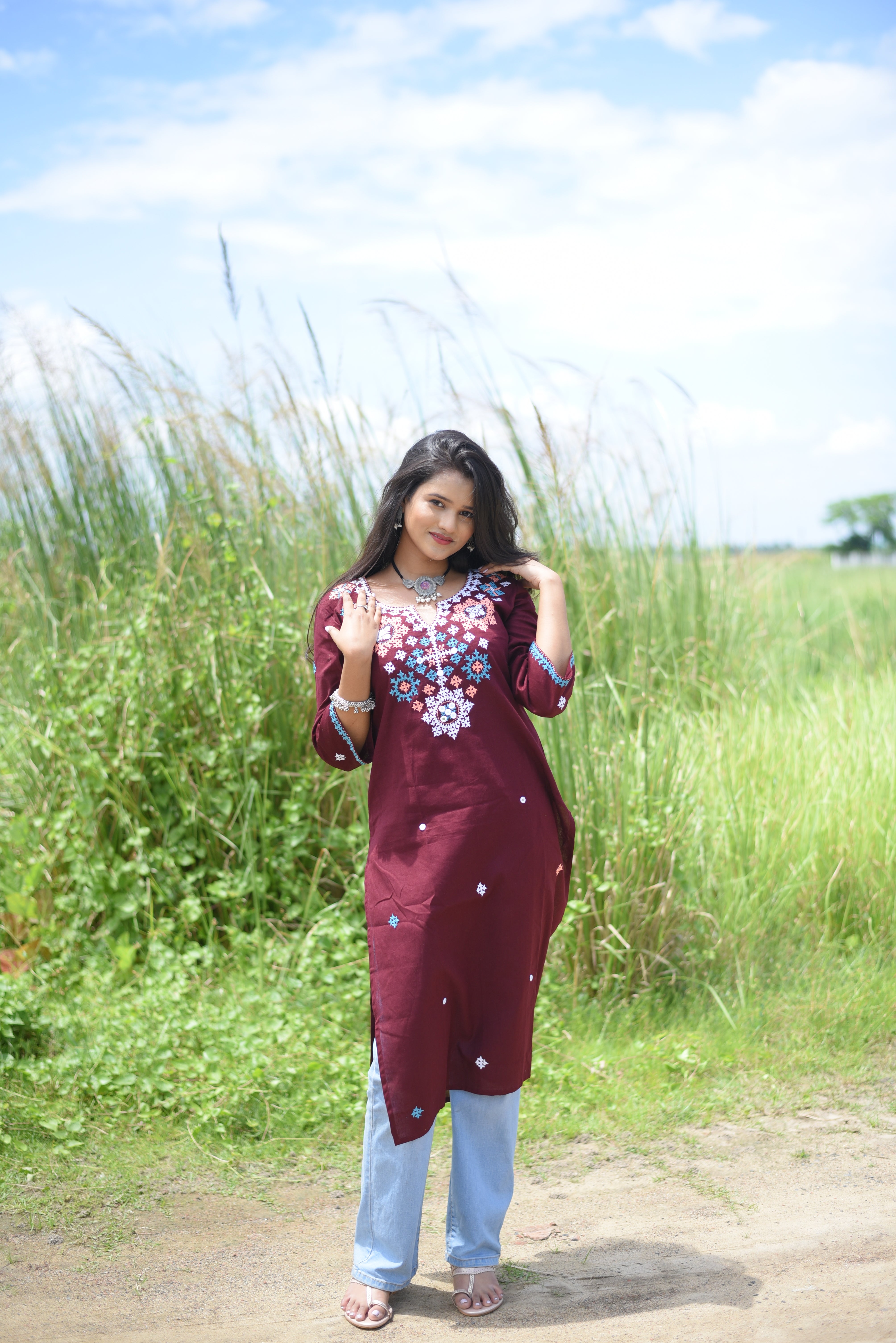 Chocolate Color Kutch Hand Embroidered Mirror Work Kurta