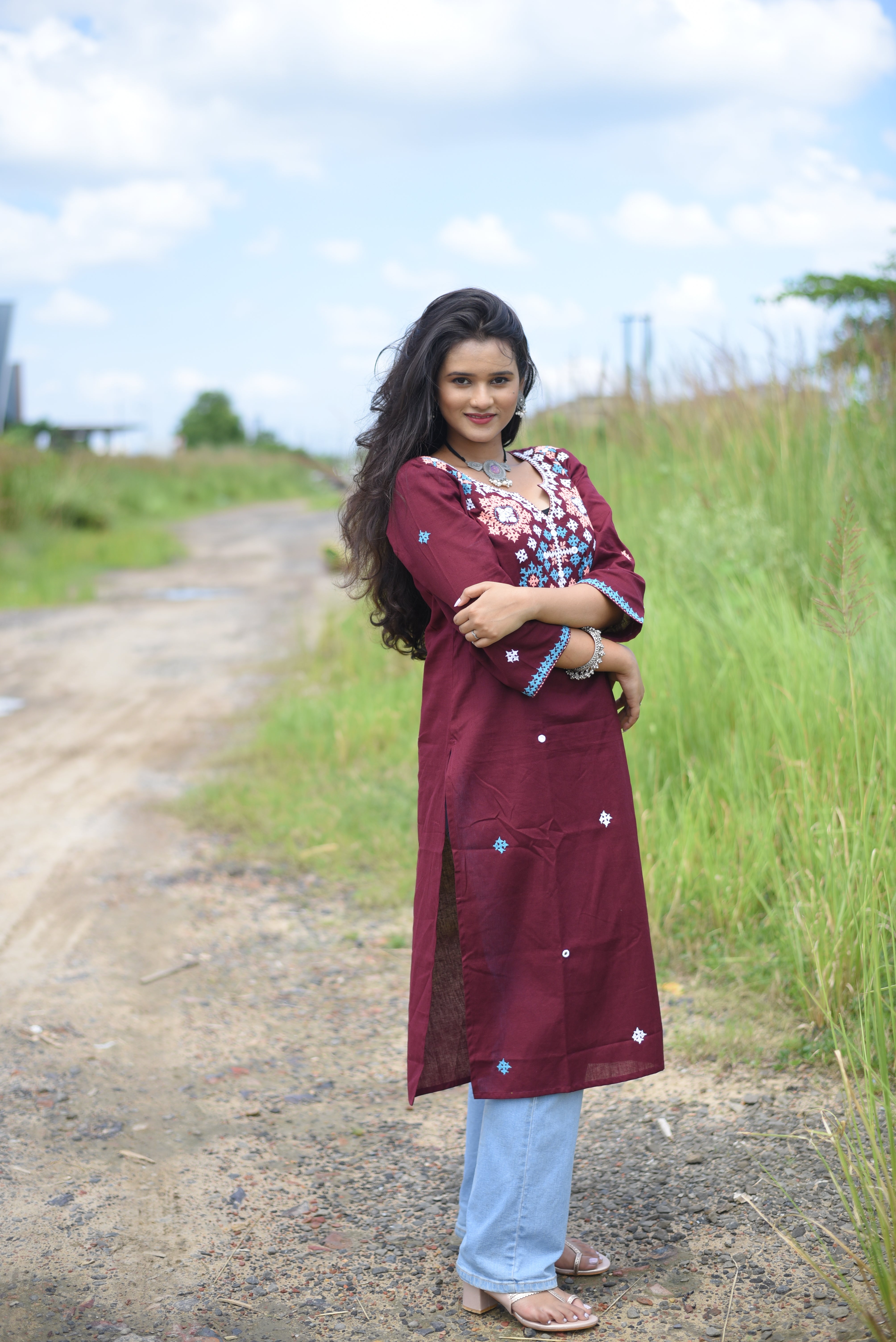 Chocolate Color Kutch Hand Embroidered Mirror Work Kurta