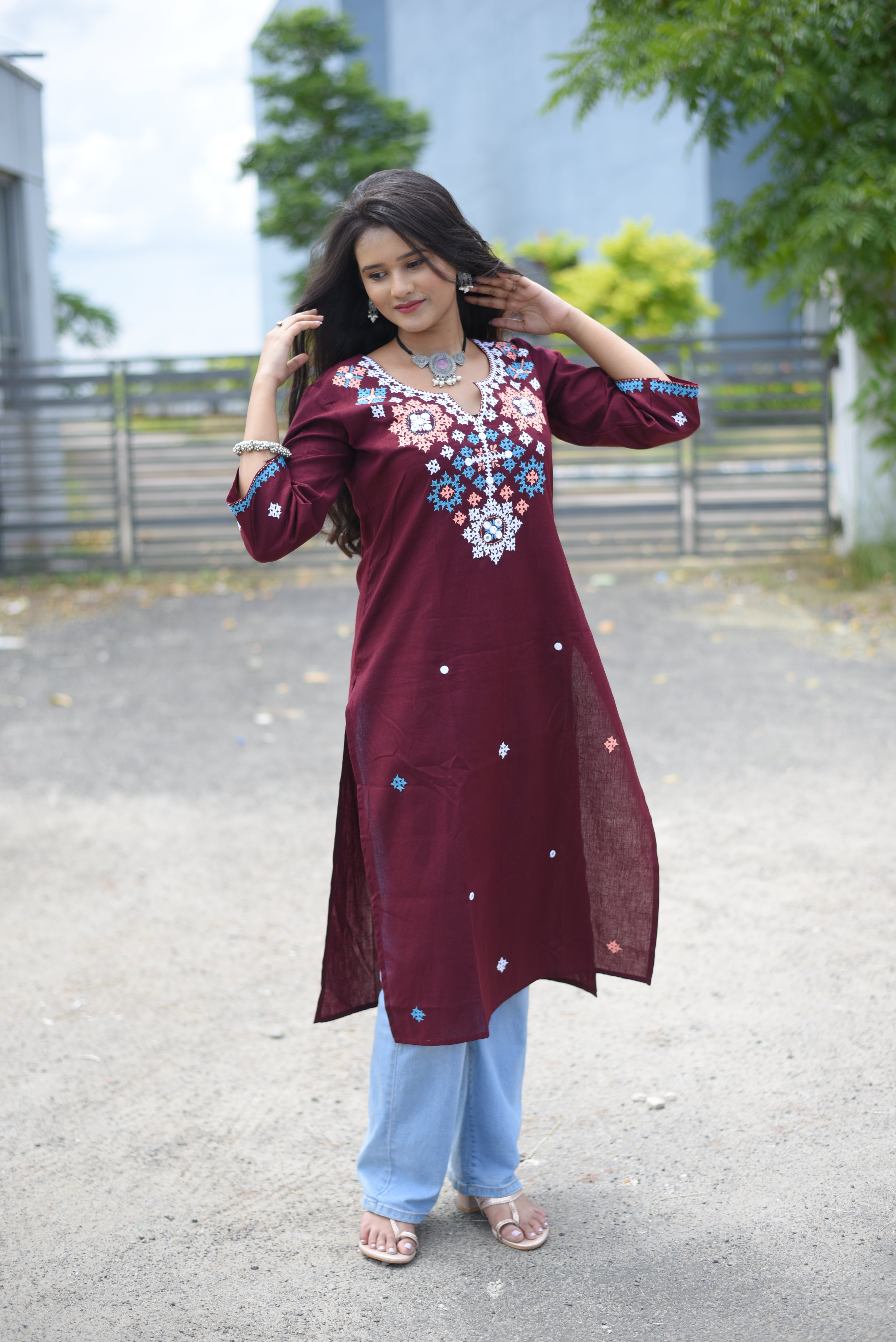 Chocolate Color Kutch Hand Embroidered Mirror Work Kurta