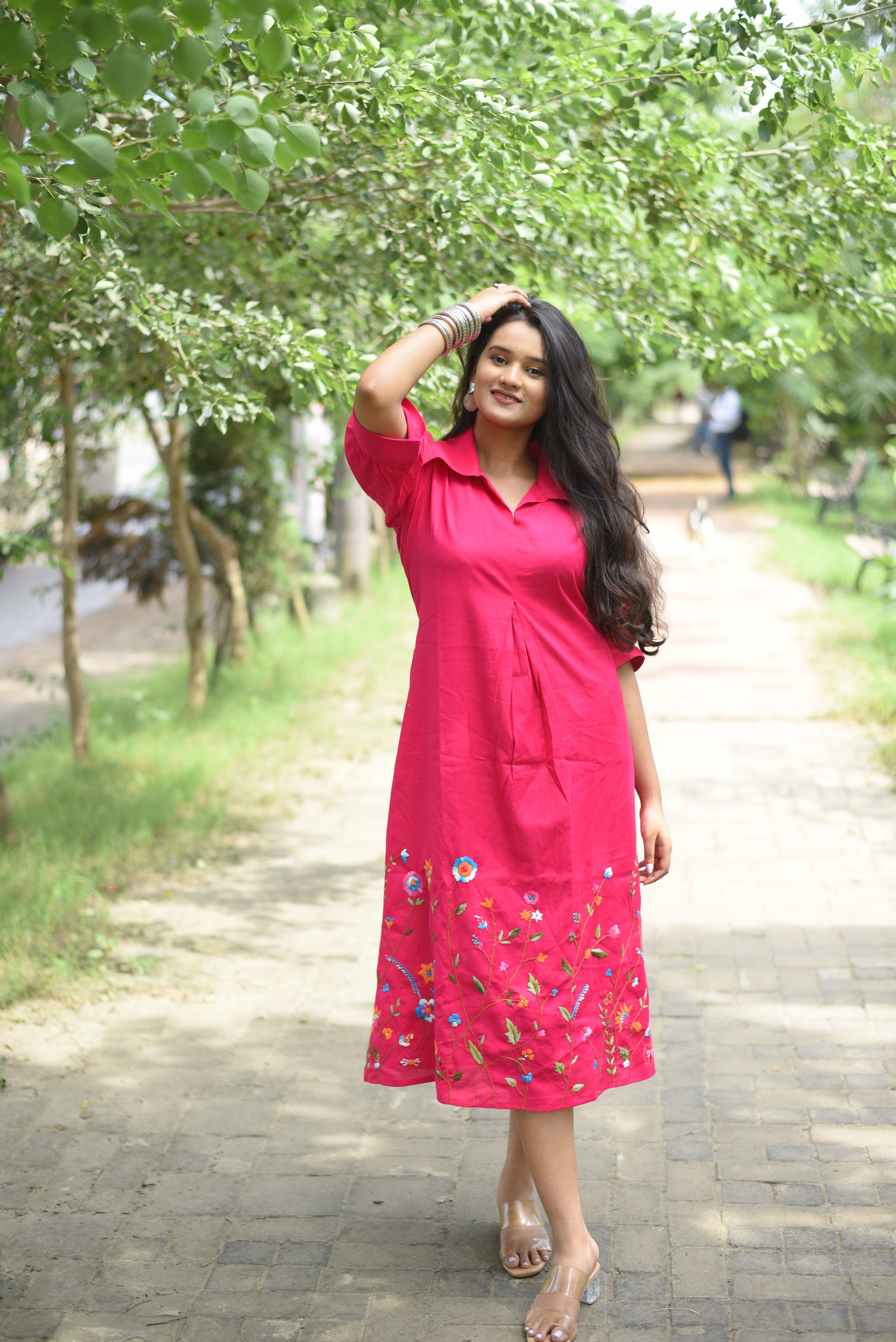 Pink Colour Hand Embroidered Midi Dresses