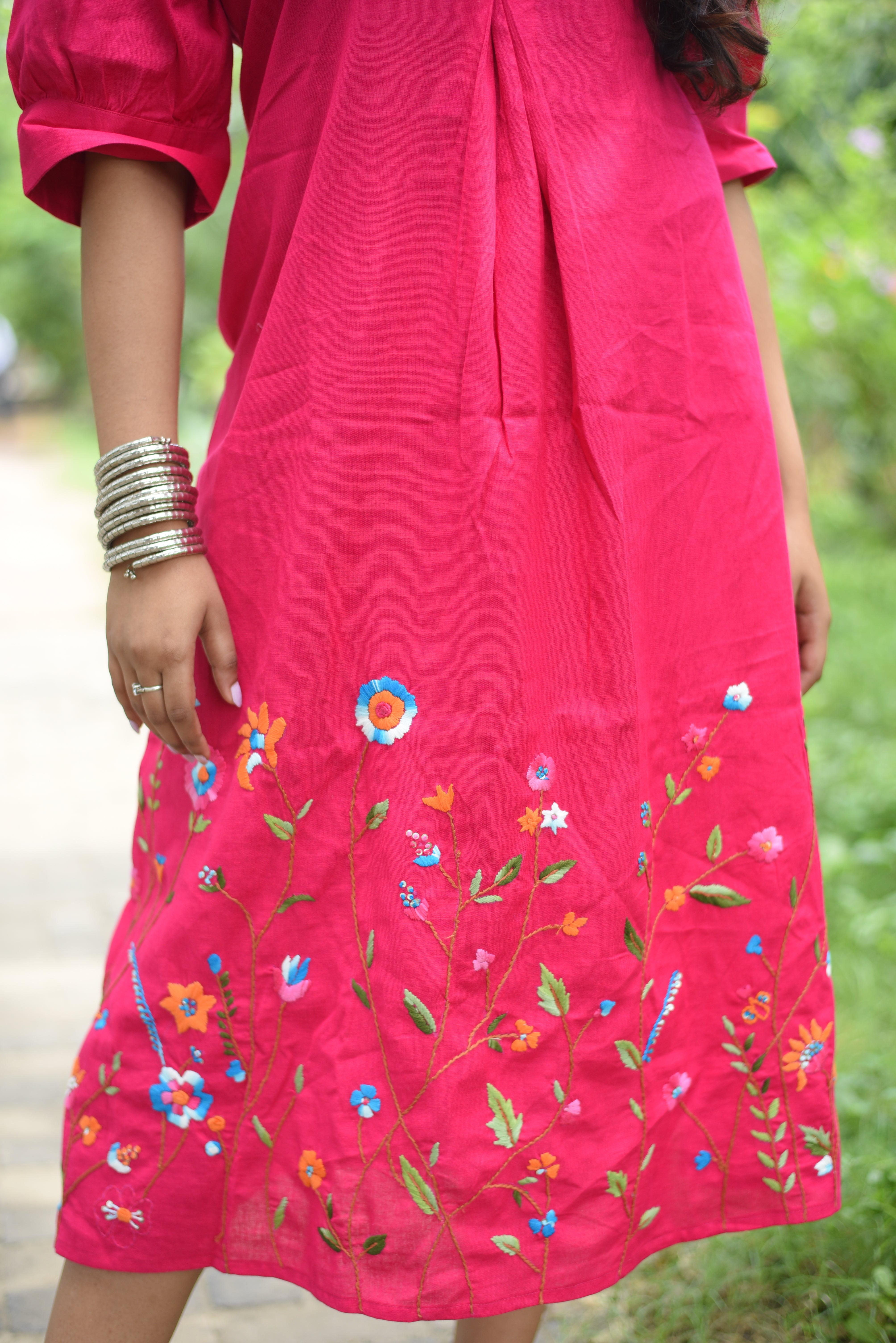 Pink Colour Hand Embroidered Midi Dresses