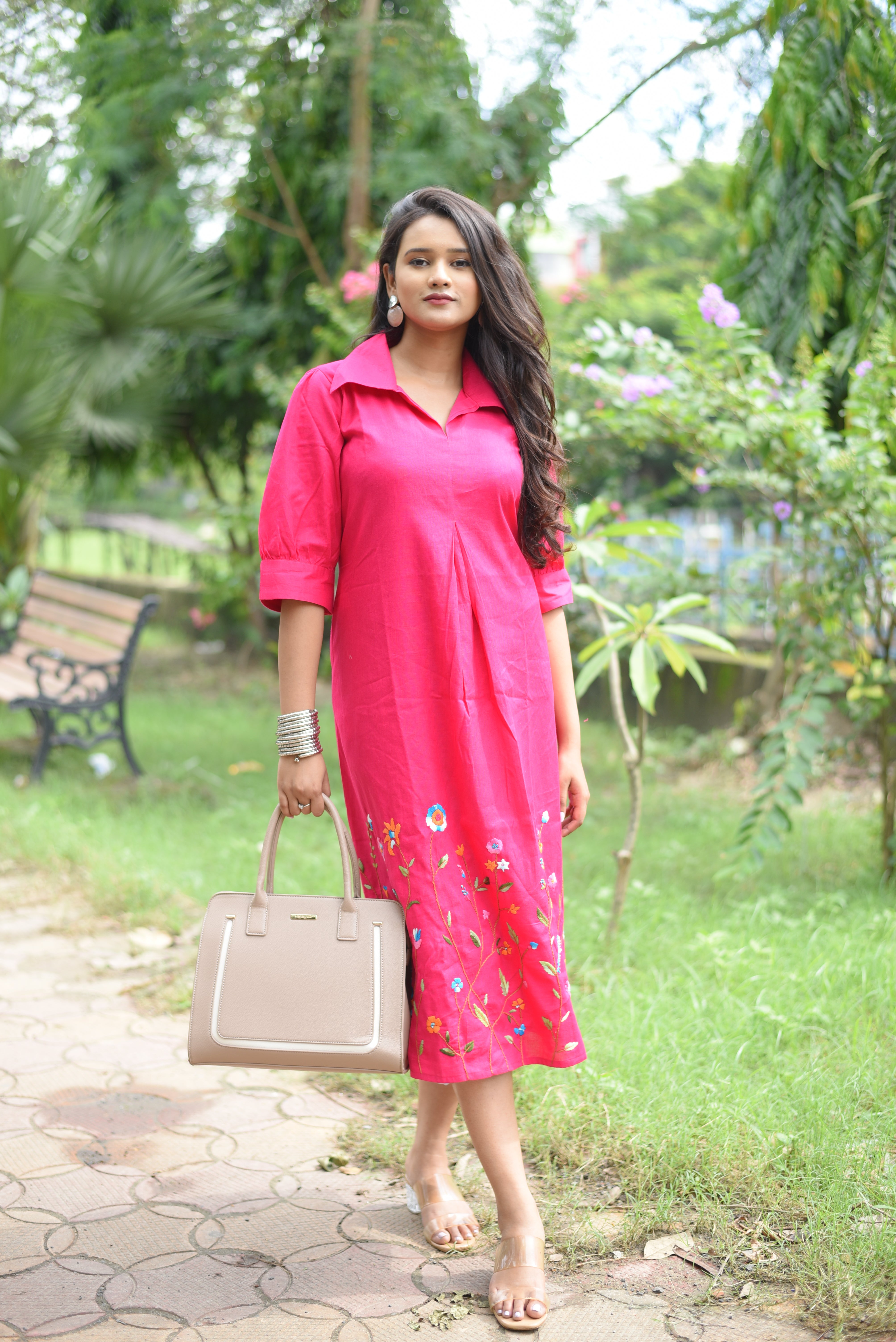 Pink Colour Hand Embroidered Midi Dresses