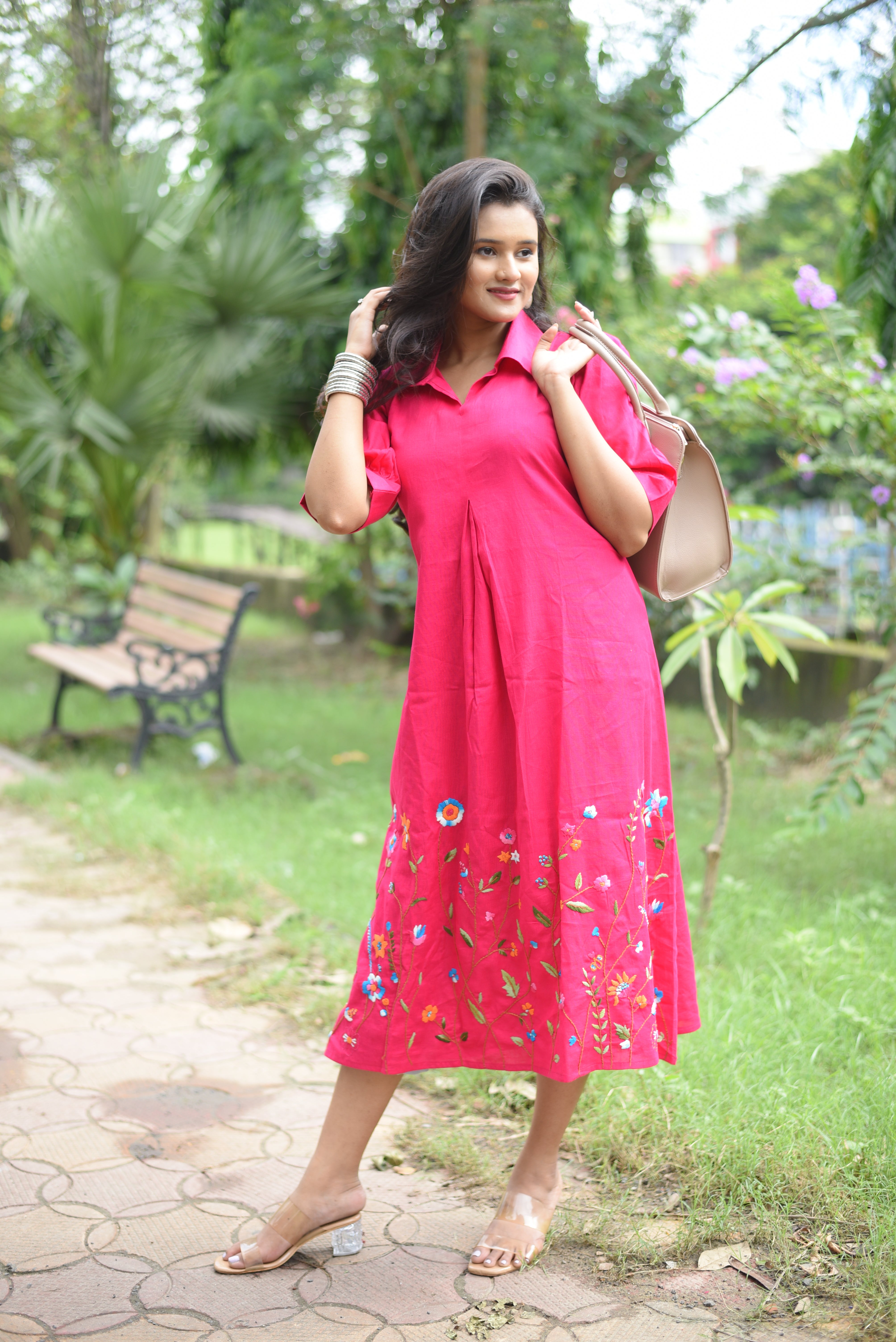 Pink Colour Hand Embroidered Midi Dresses