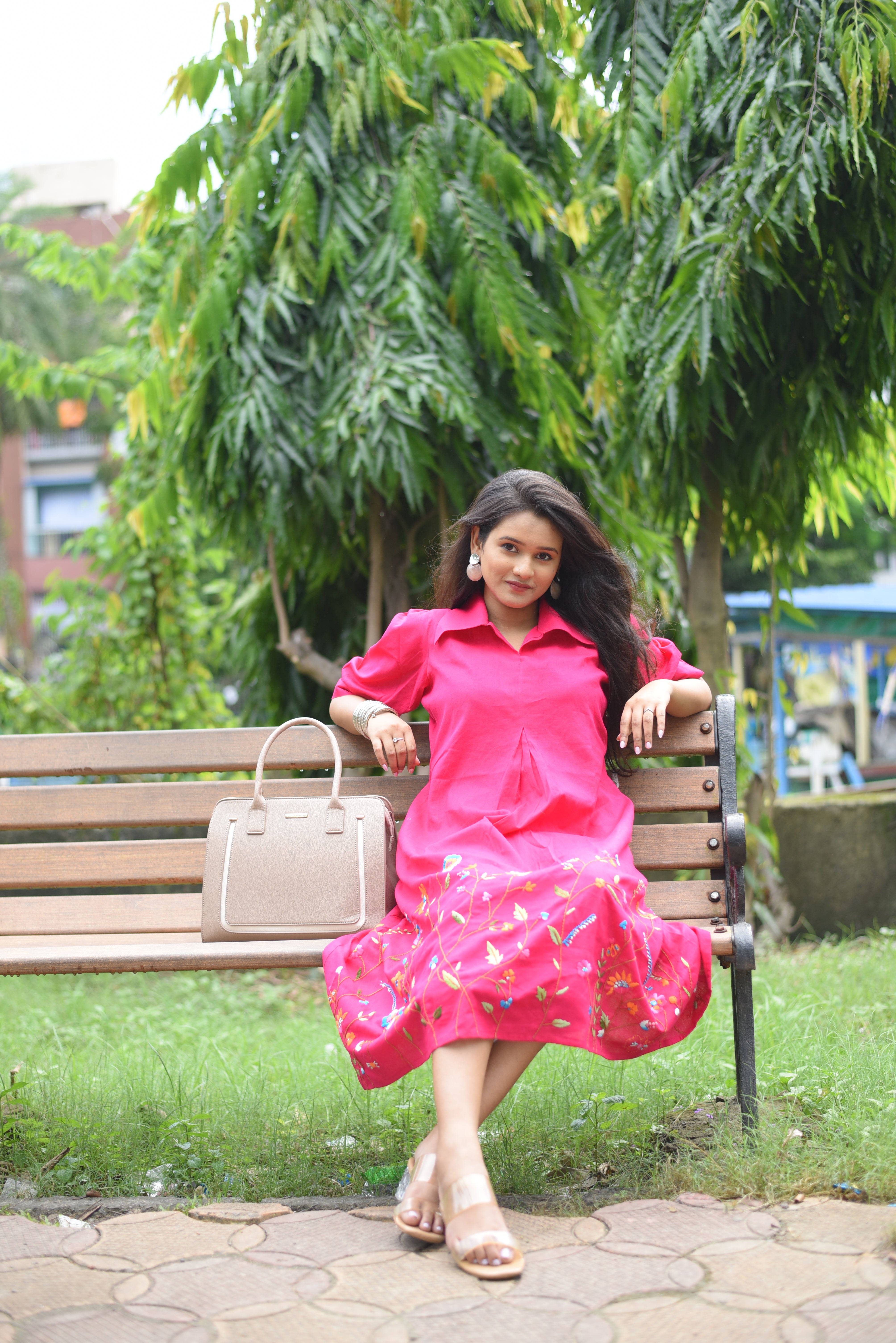 Pink Colour Hand Embroidered Midi Dresses