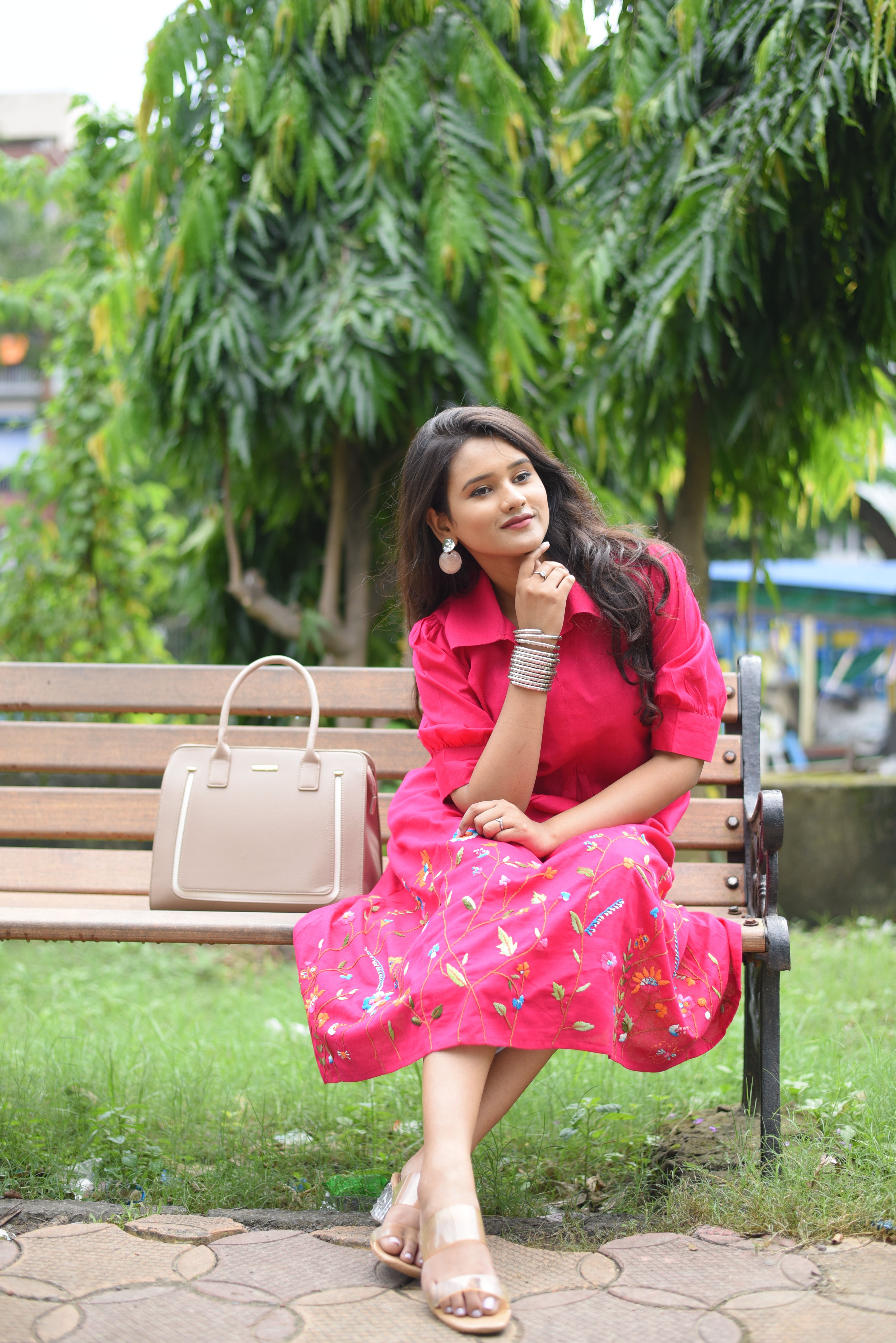 Pink Colour Hand Embroidered Midi Dresses