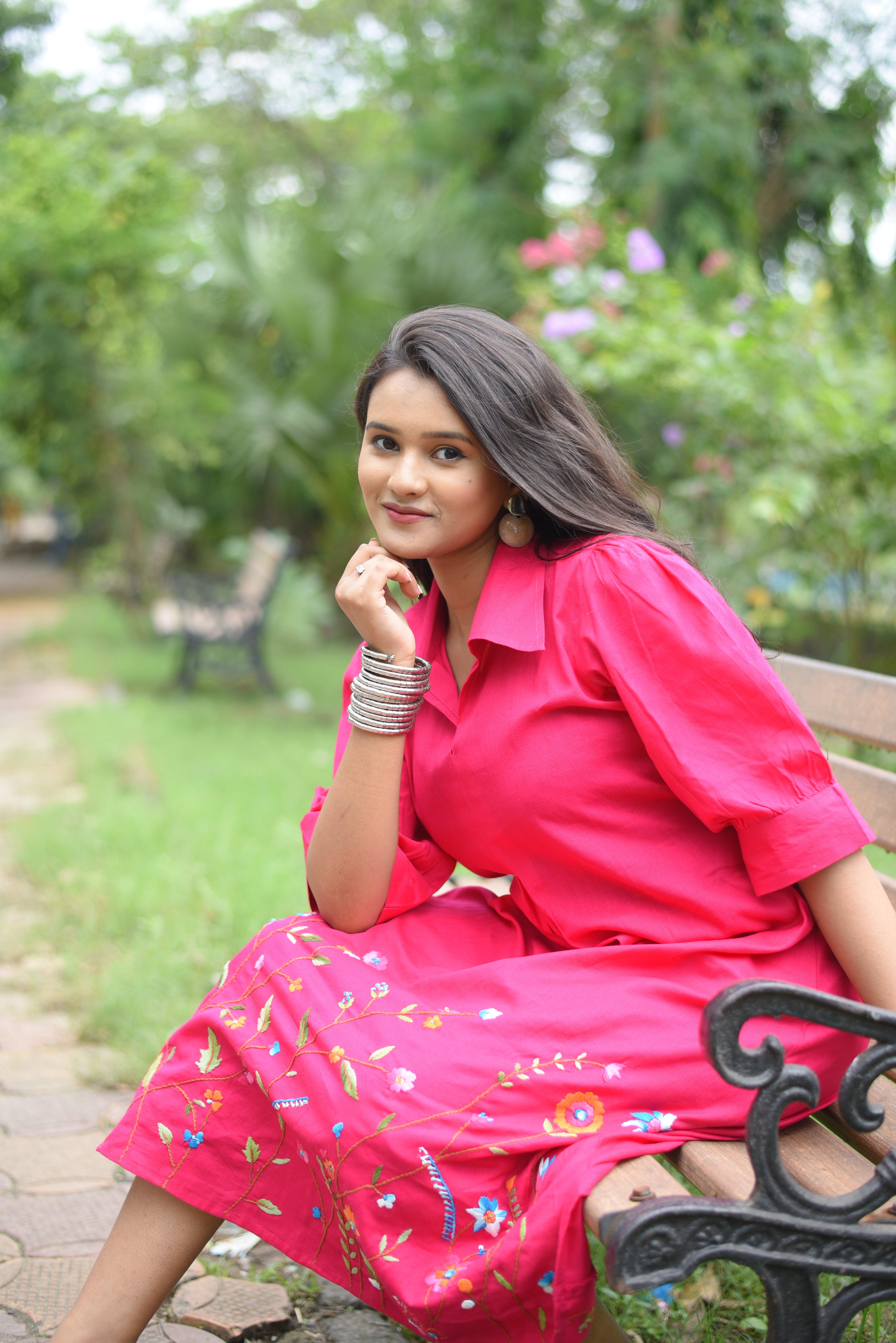 Pink Colour Hand Embroidered Midi Dresses