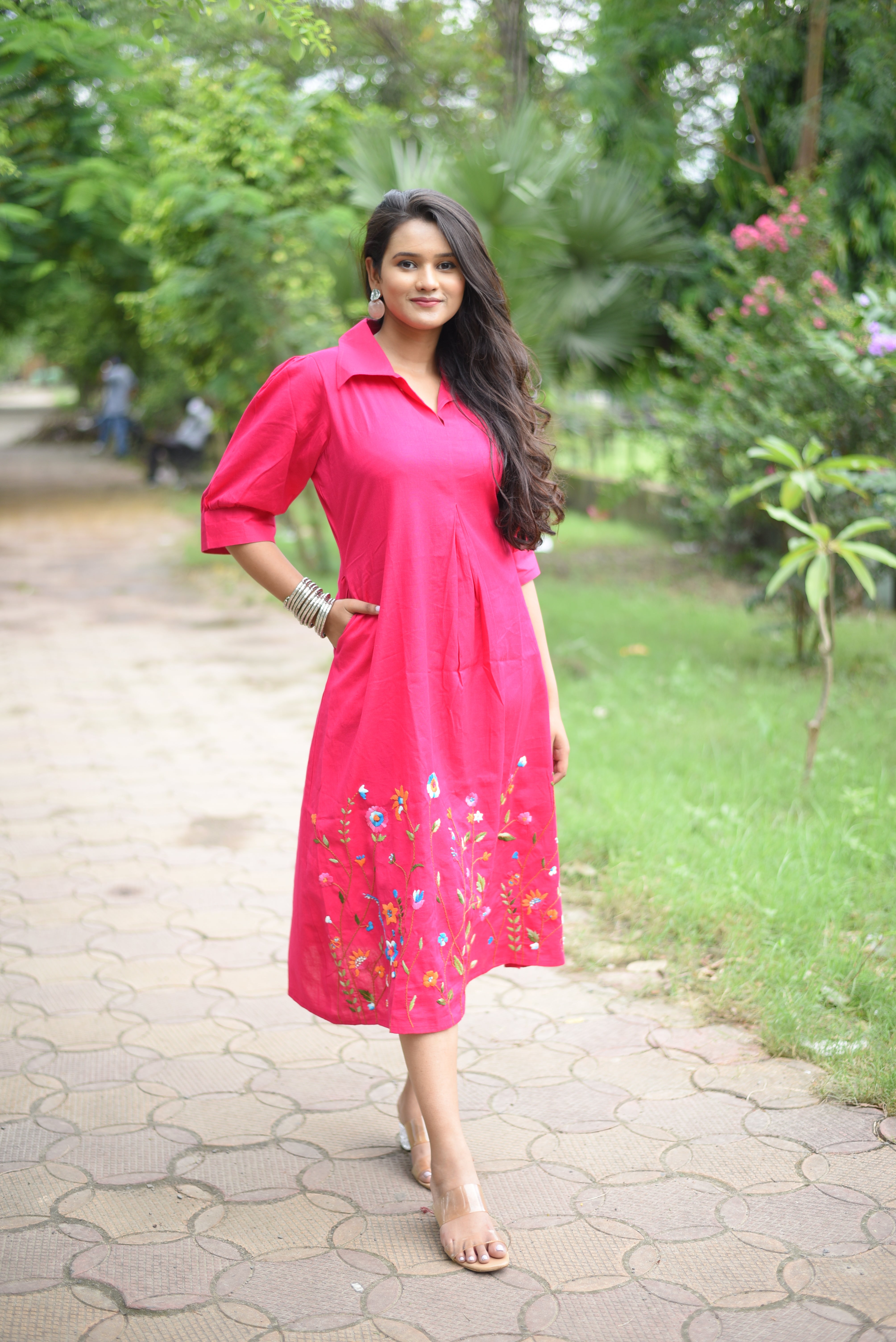 Pink Colour Hand Embroidered Midi Dresses