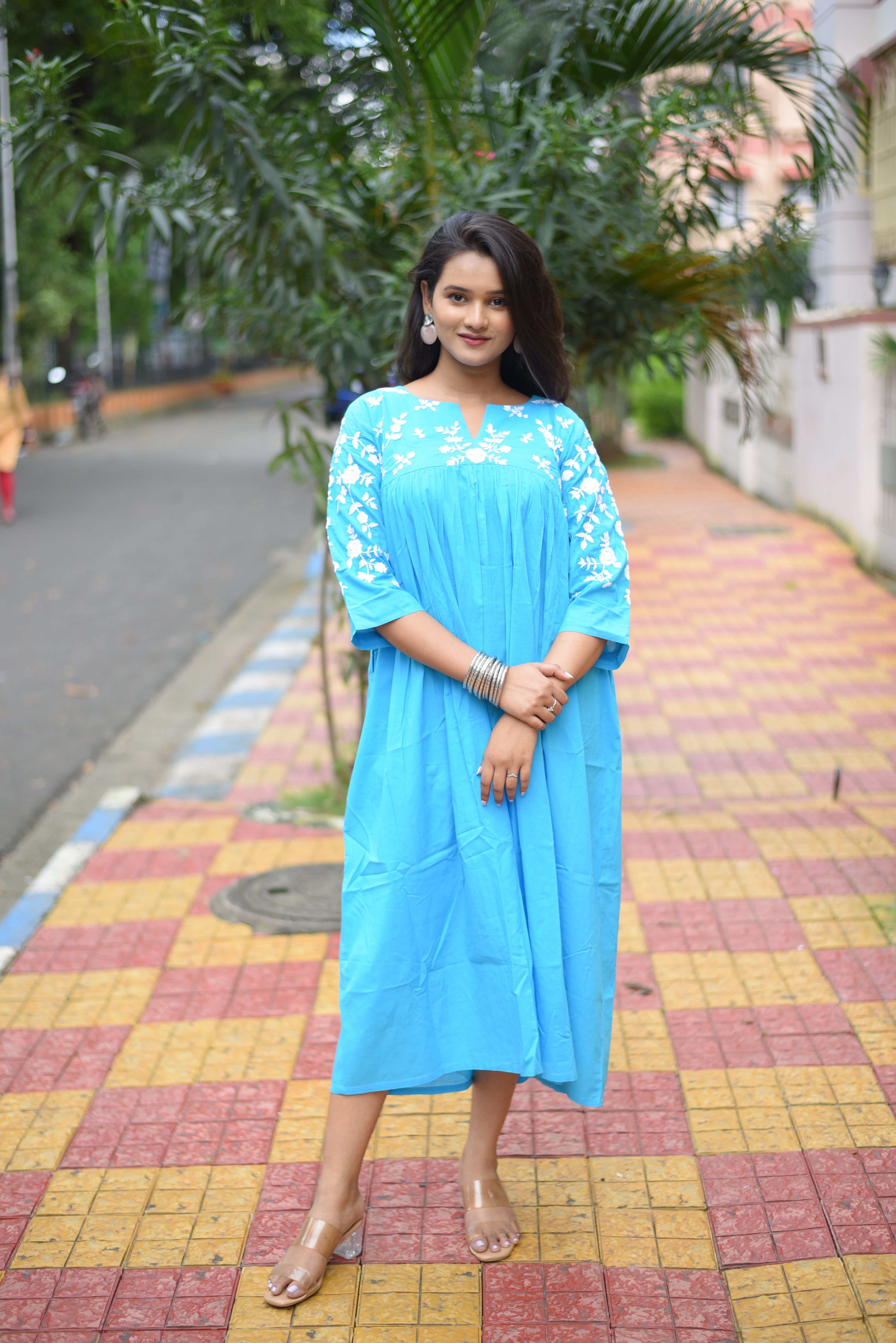 Sky Blue Colour Hand Embroidered Midi Dresses