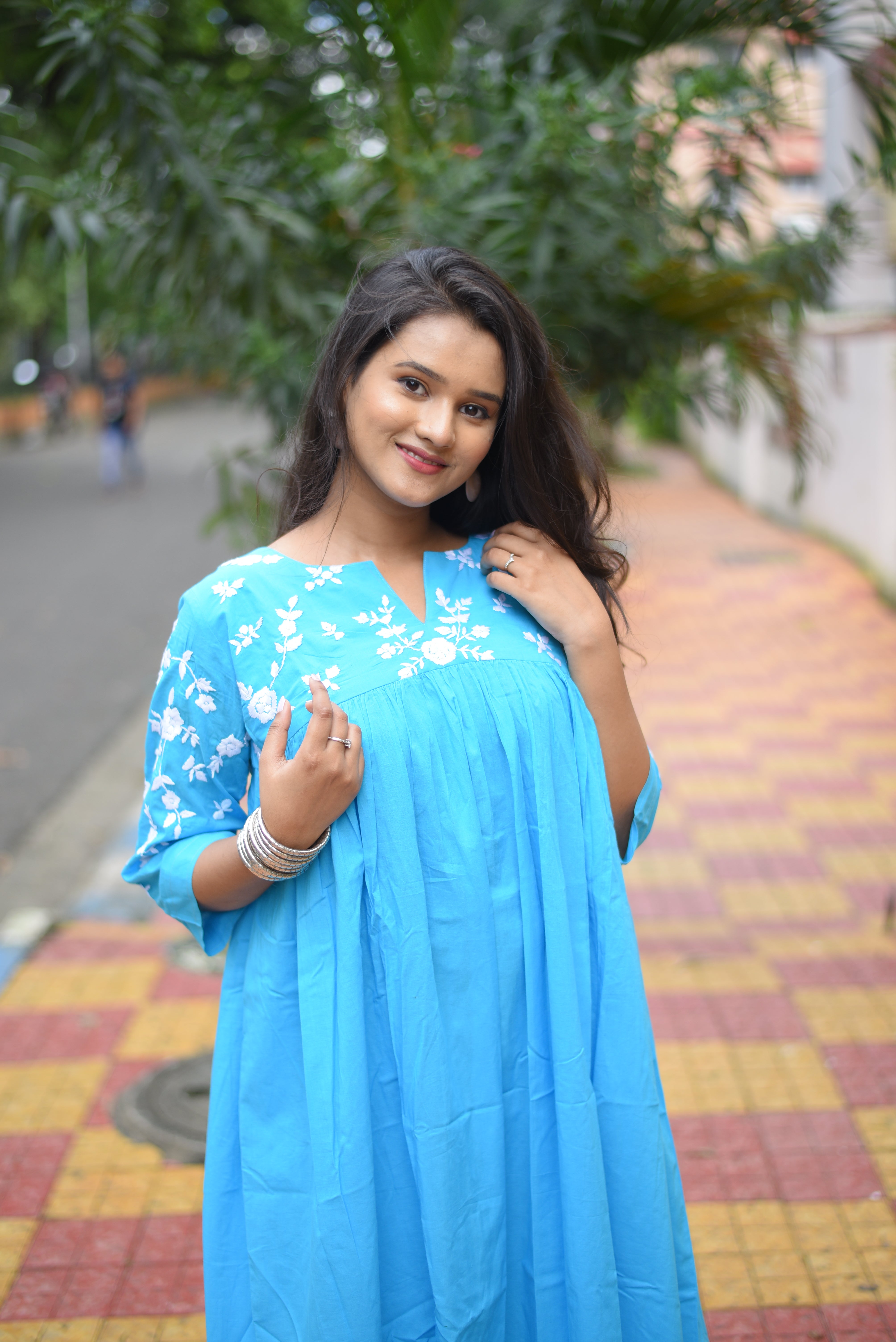 Sky Blue Colour Hand Embroidered Midi Dresses