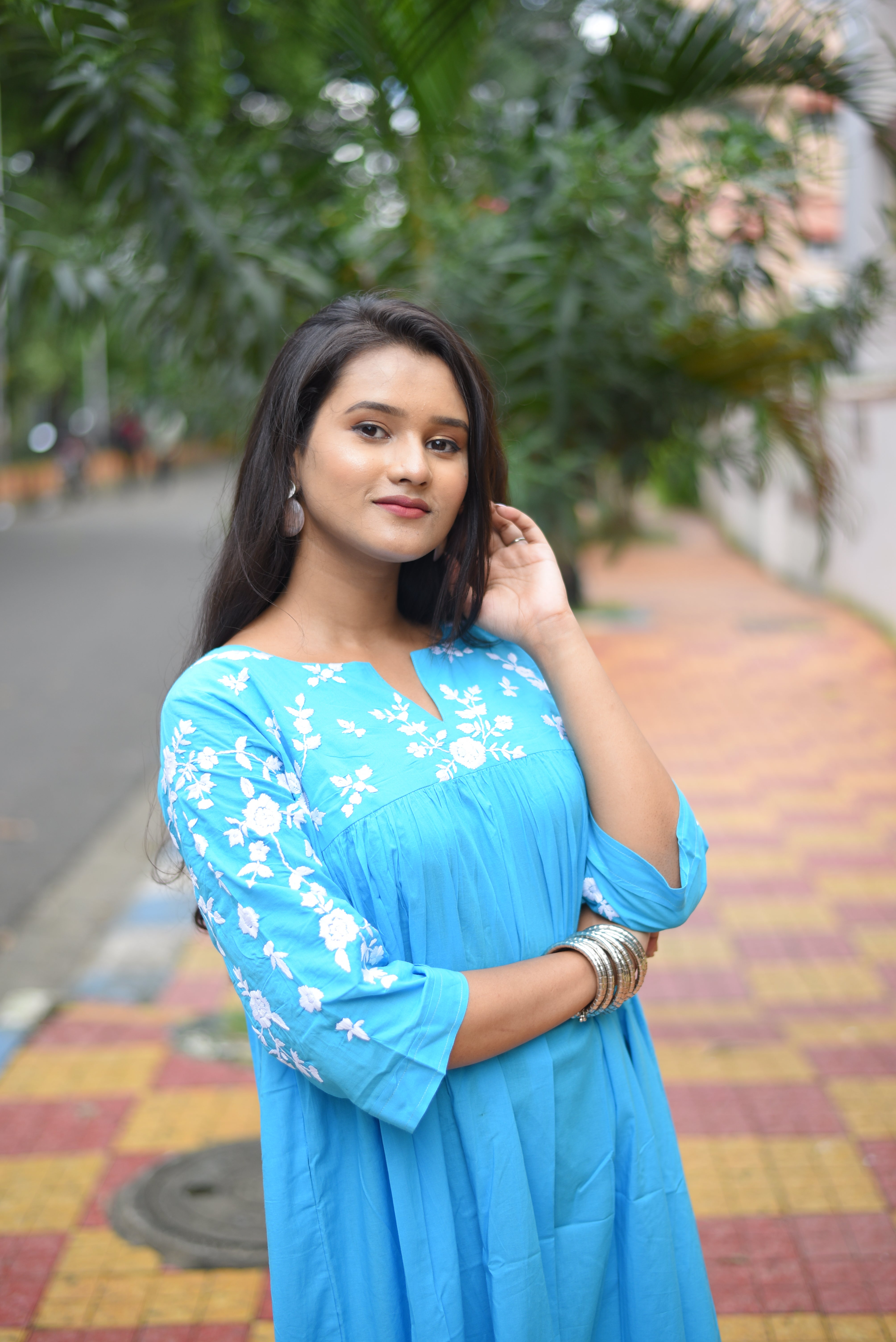 Sky Blue Colour Hand Embroidered Midi Dresses