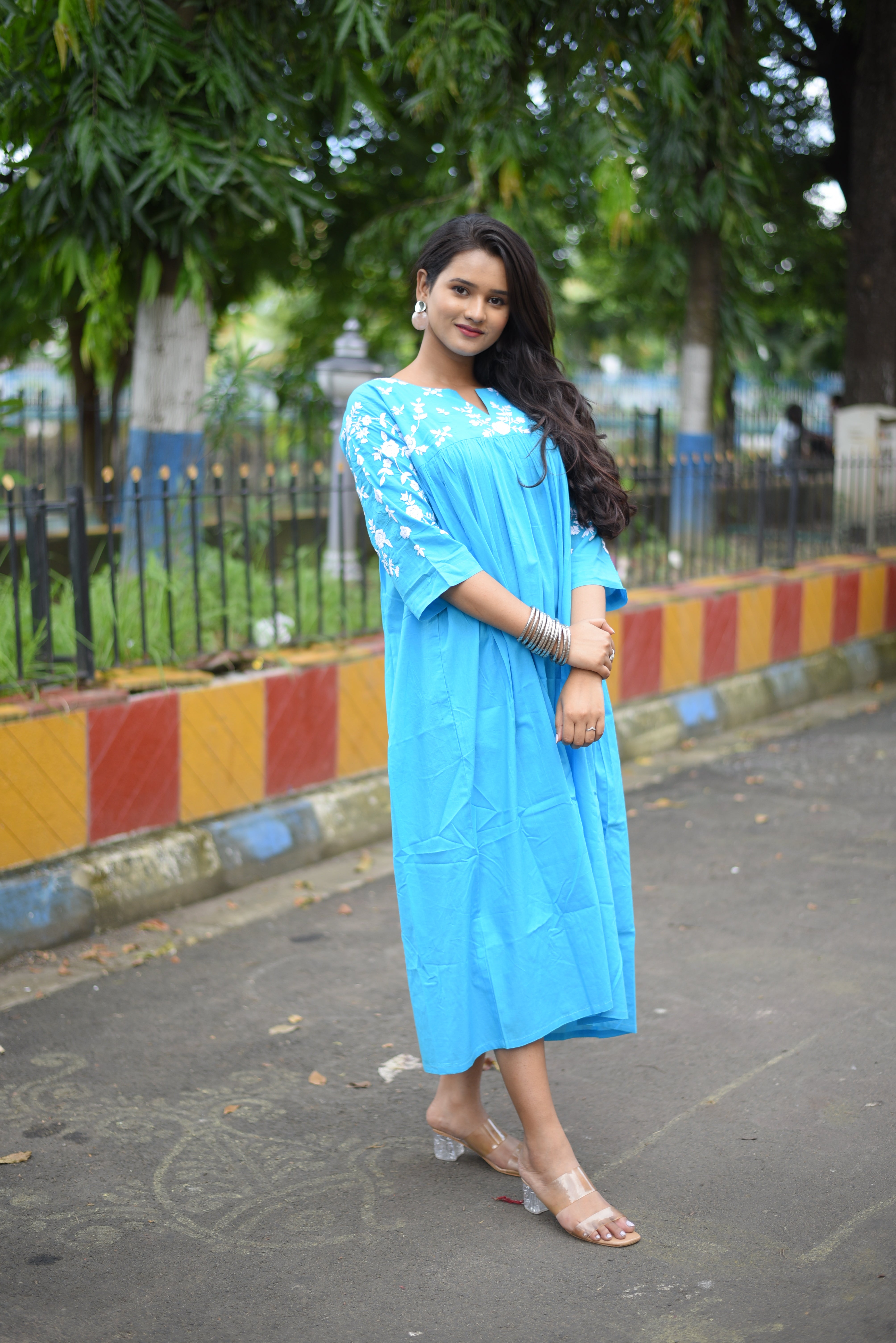 Sky Blue Colour Hand Embroidered Midi Dresses